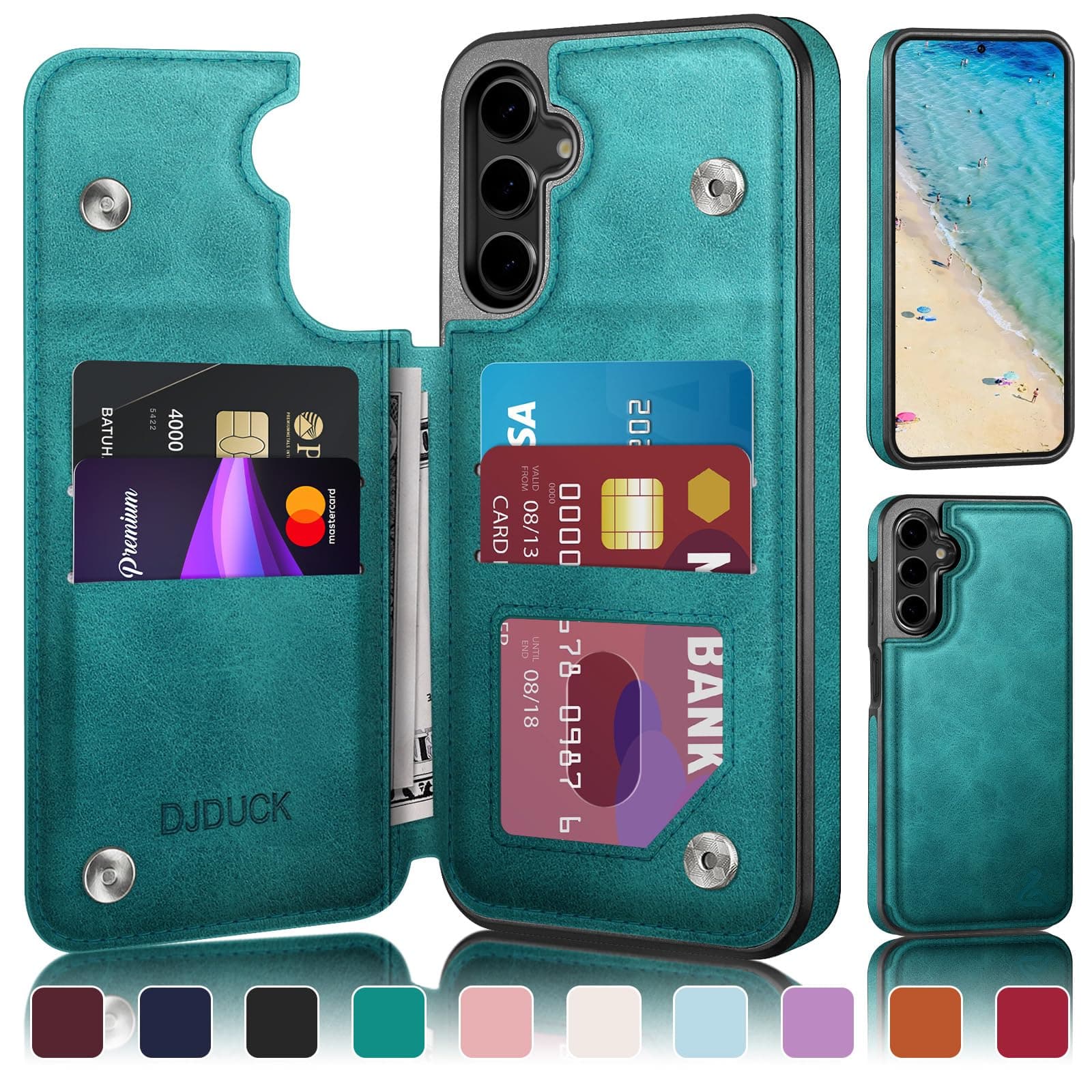 DJDUCK Designed for Samsung Galaxy S24 Plus Case Wallet with Card Holder, [Magnetic Clasp Folio Cover] [RFID Blocking Leather Protection] Shockproof Women Men Cases for Samsung S24 Plus Blue Green