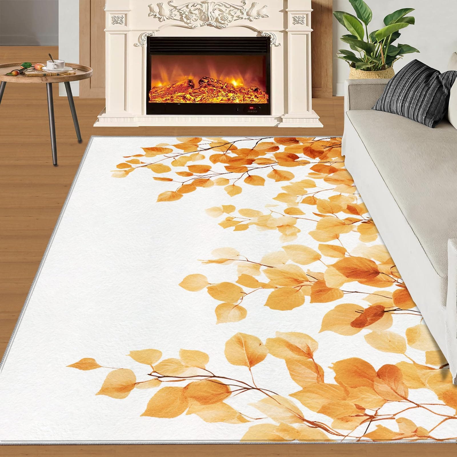 Golden Autumn Foliage Area Rugs 4x5 - Eucalyptus Fall Rug for Entryway, Nature Aesthetic Washable Entry Way Rugs Kids Carpet for Inside House Playroom Living Room End Table Nursery