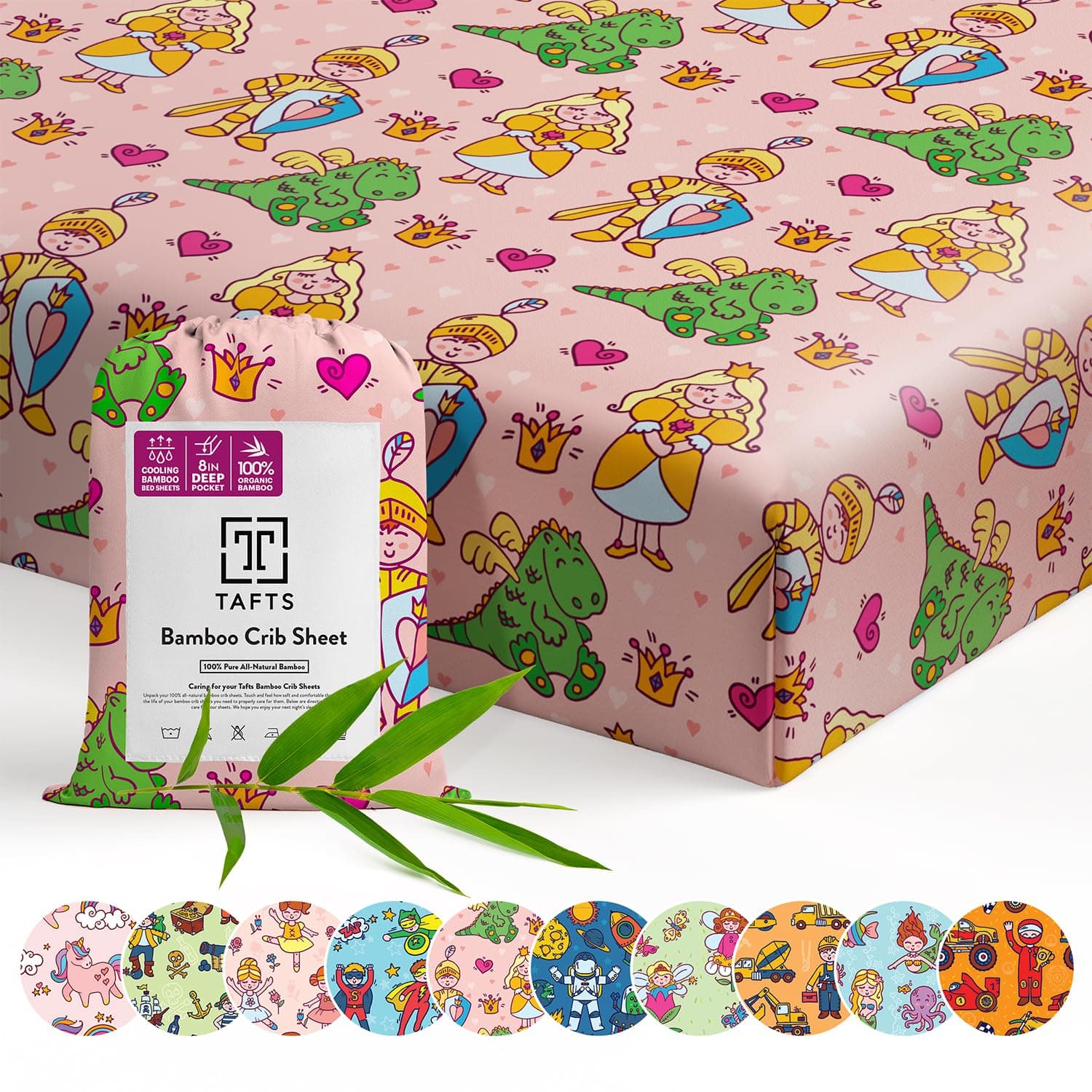 TAFTS Bamboo Crib Sheet Fitted, Girls Boys & Unisex 100% Organic Bamboo Crib Sheet for Standard Crib and Toddler Mattress, Super Soft, Cool, 360 Elasticized, (28" x 52" Princess)