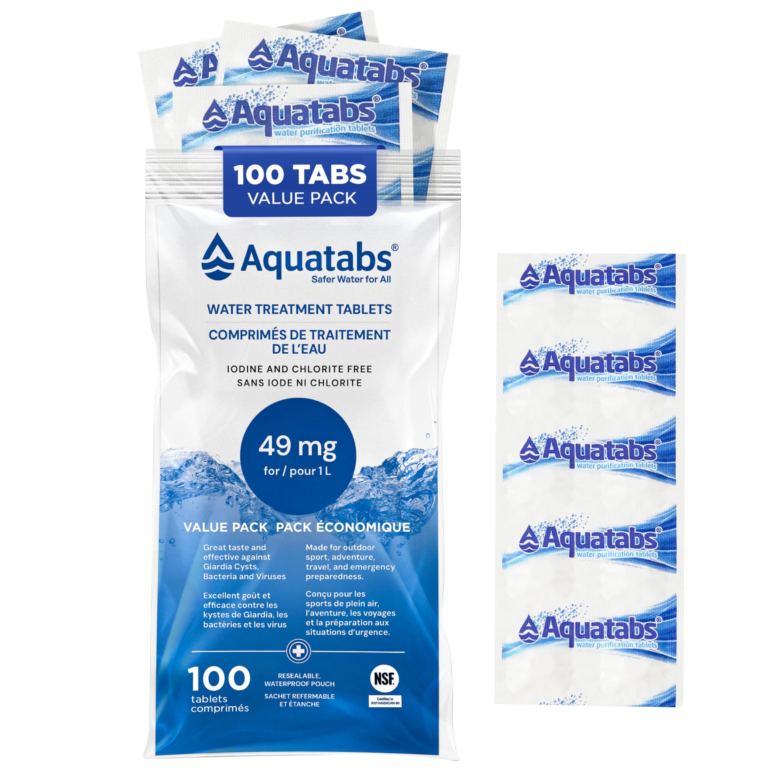 Aquatabs 49mg Water Treatment Tablets for 1L, 100-Tabs Value Pack (Plain Label) - Emergency Preparedness & Survival - Iodine & Chlorite-Free, NSF/ANSI/CAN 60