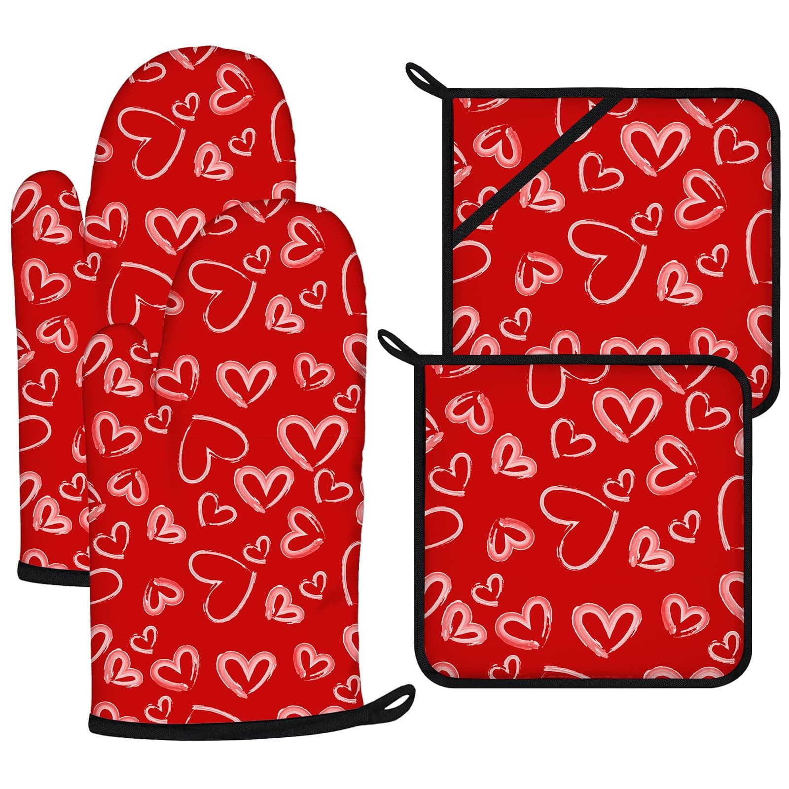 White Love Hearts Oven Mitts and Valentine's Day Pot Holders Sets 4Pcs,Heat Resistant to 400 F for Kitchen Cooking Baking BBQ 100% Cotton