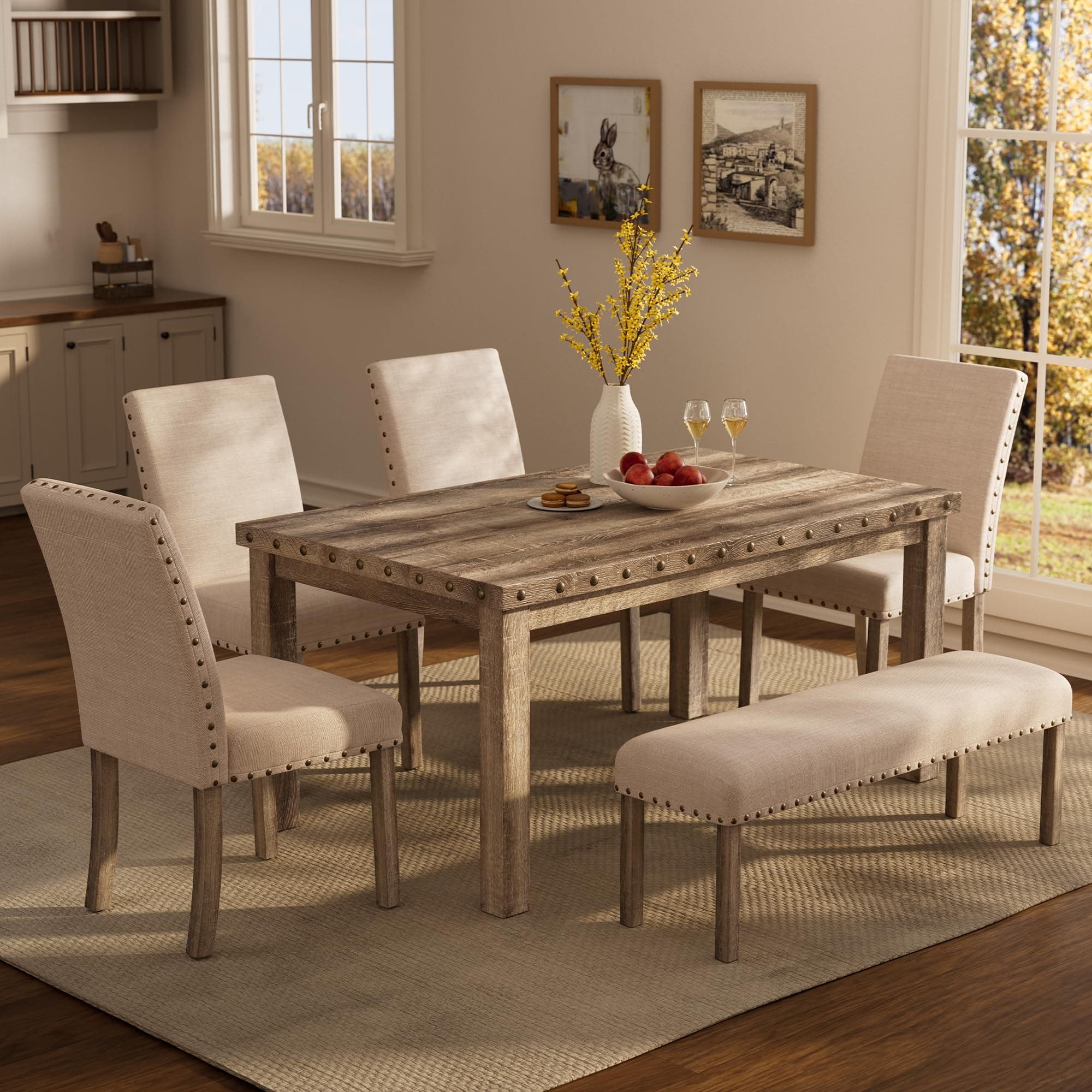 Morden Fort Dining Table Set for 6, Farmhouse Wooden Table & Upholstered Bench & 4 Dining Chairs, Kitchen Dining Set with Nailhead Accents, Rectangular Table Sets for 6 for Kitchen/Dining Room