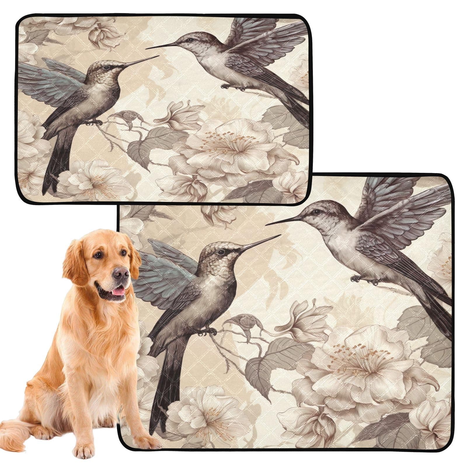 YANENDIE Washable Pee Pads for Dogs, Large Fast Absorbent Non-Slip Dog Mat for Food and Water, 2 Pack Retro Hummingbird Reusable Puppy Pad