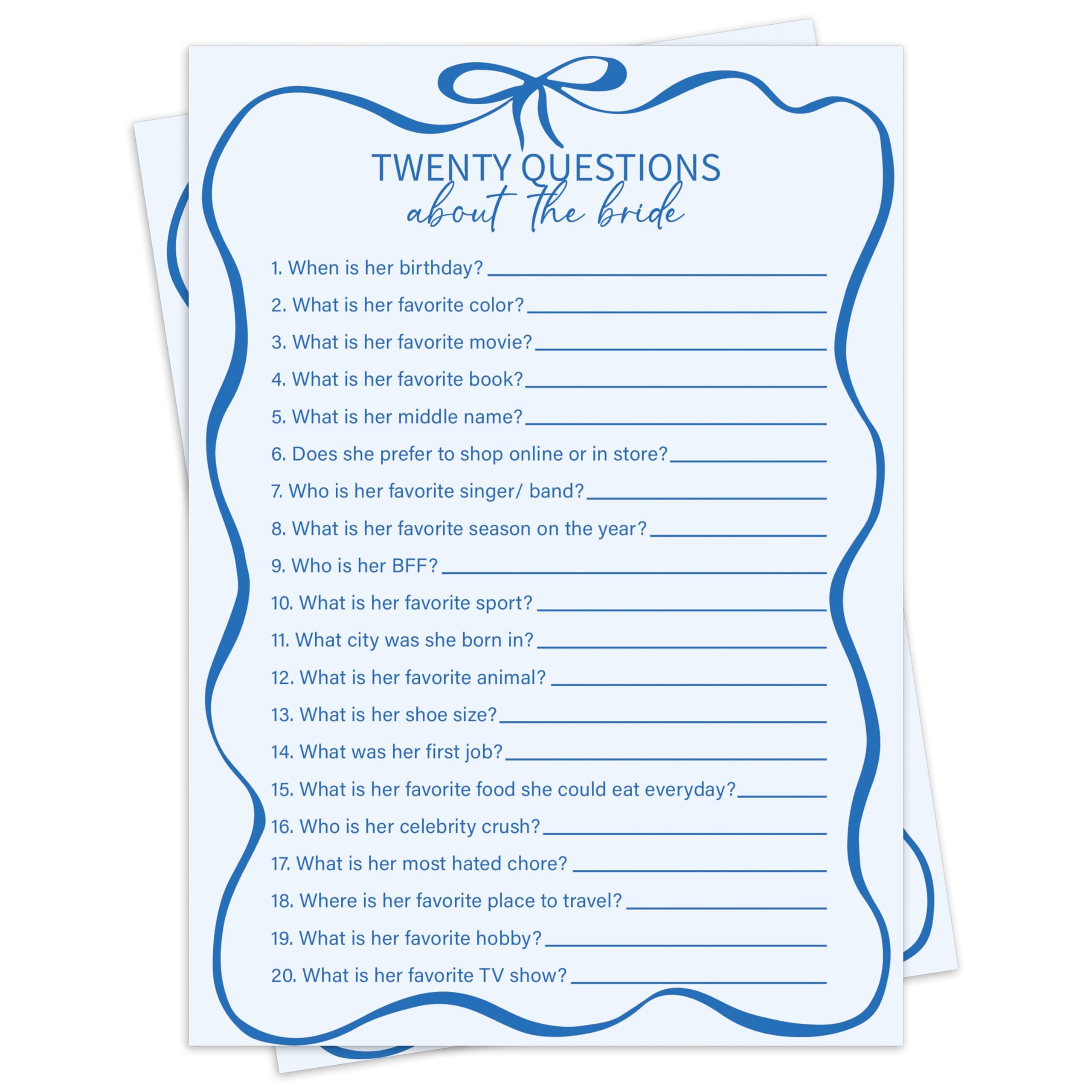 Blue Bow Bridal Shower Games for 30 Guests - Twenty Questions About The Bride, Wedding Games Cards for Bride Groom, Engagement Bridal Shower Party Activities for Reception -blueyx004
