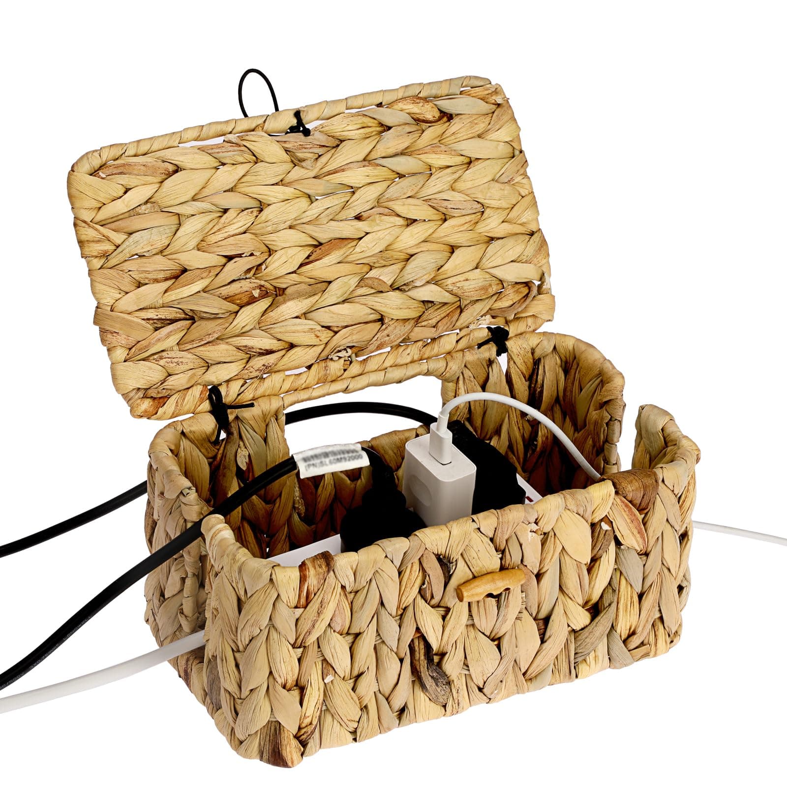 BTSKY Woven Cable Management Box with Lid Water Hyacinth Cord Organizer, S