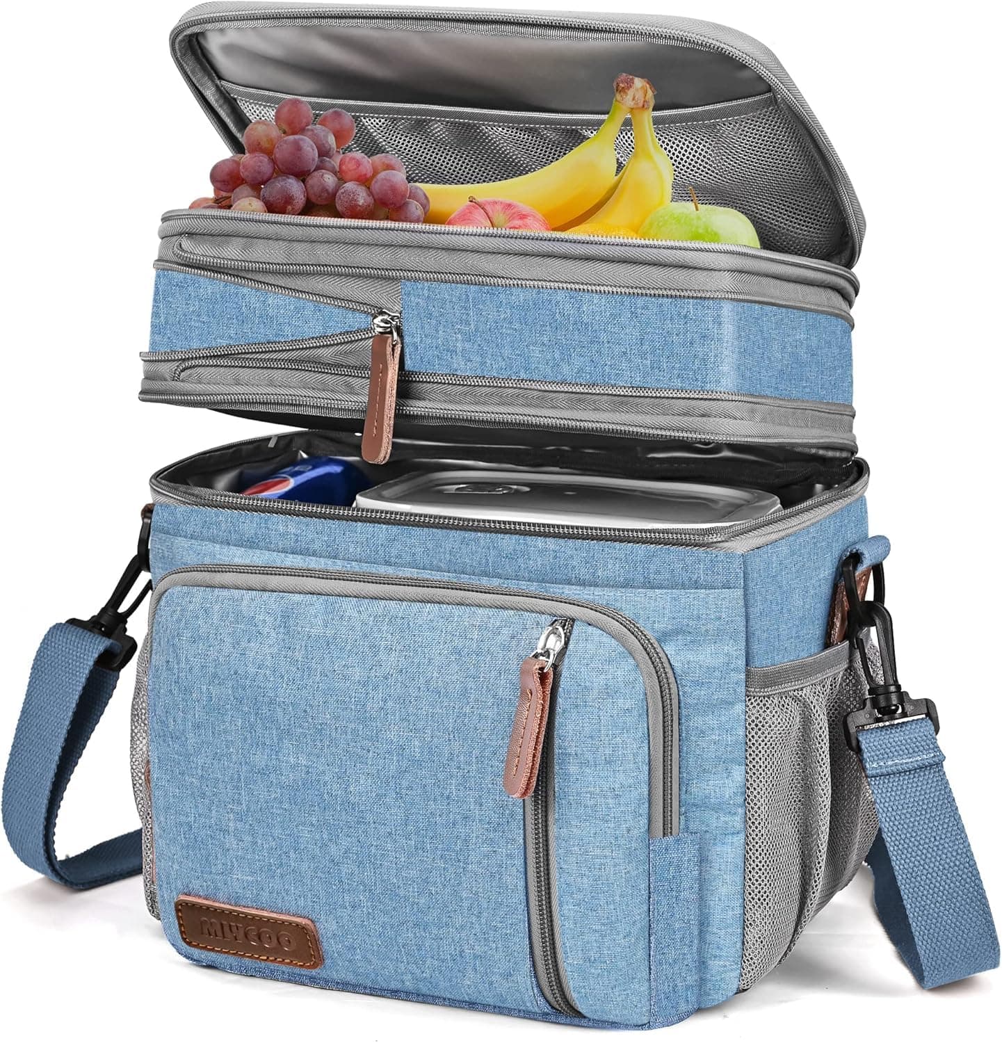 Lunch Bag for Women Men Double Deck Lunch Box - Leakproof Insulated Soft Large Lunch Cooler Bag, MIYCOO (Blue,15L)