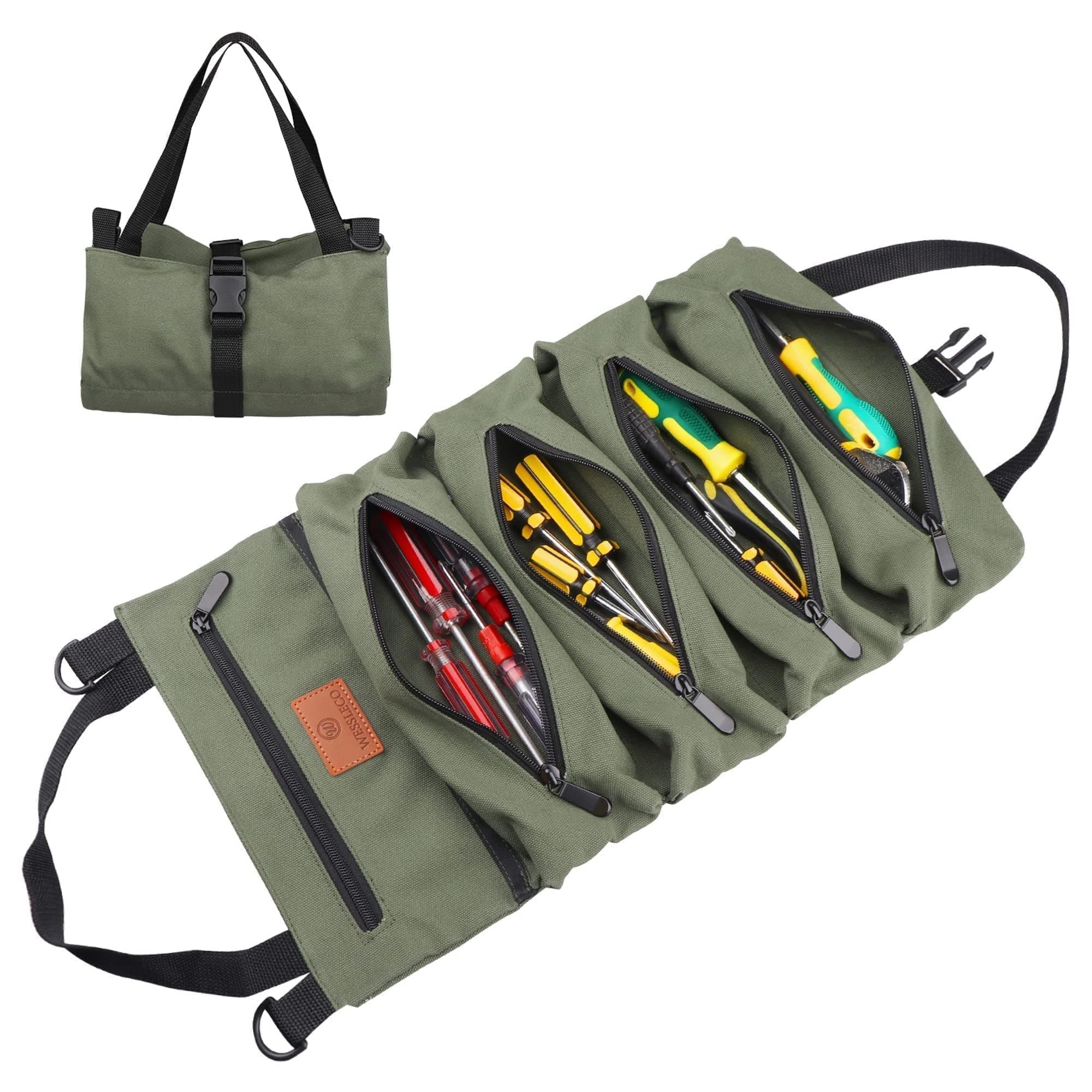 Large Canvas Roll Up Tool Bag, Small Tools Organizer with 5 Zipper Pockets（green）