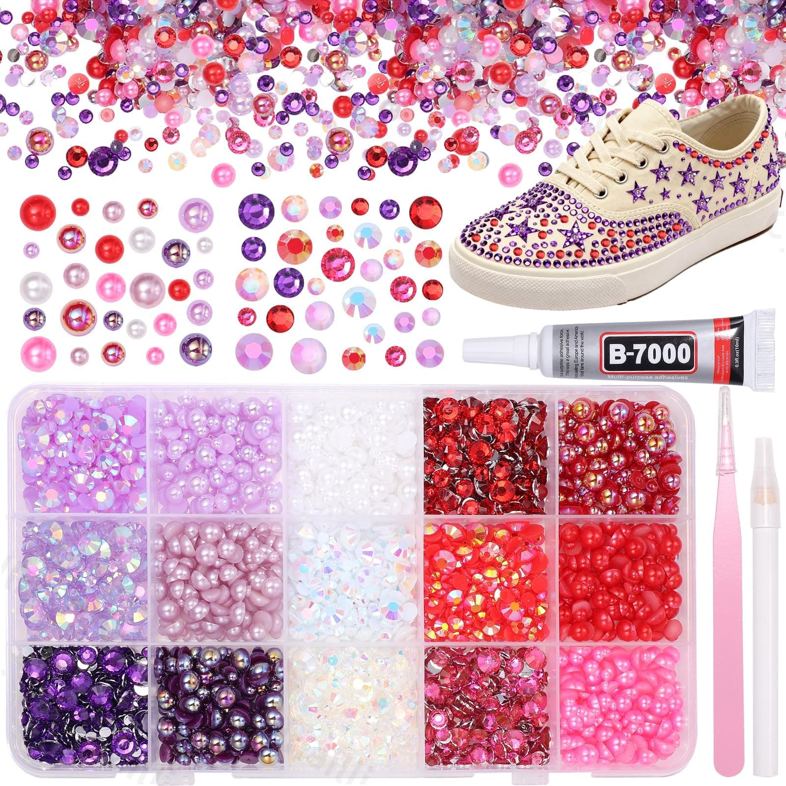 15 Grids Pearls and Resin Rhinestones for Crafting, Purple Red White