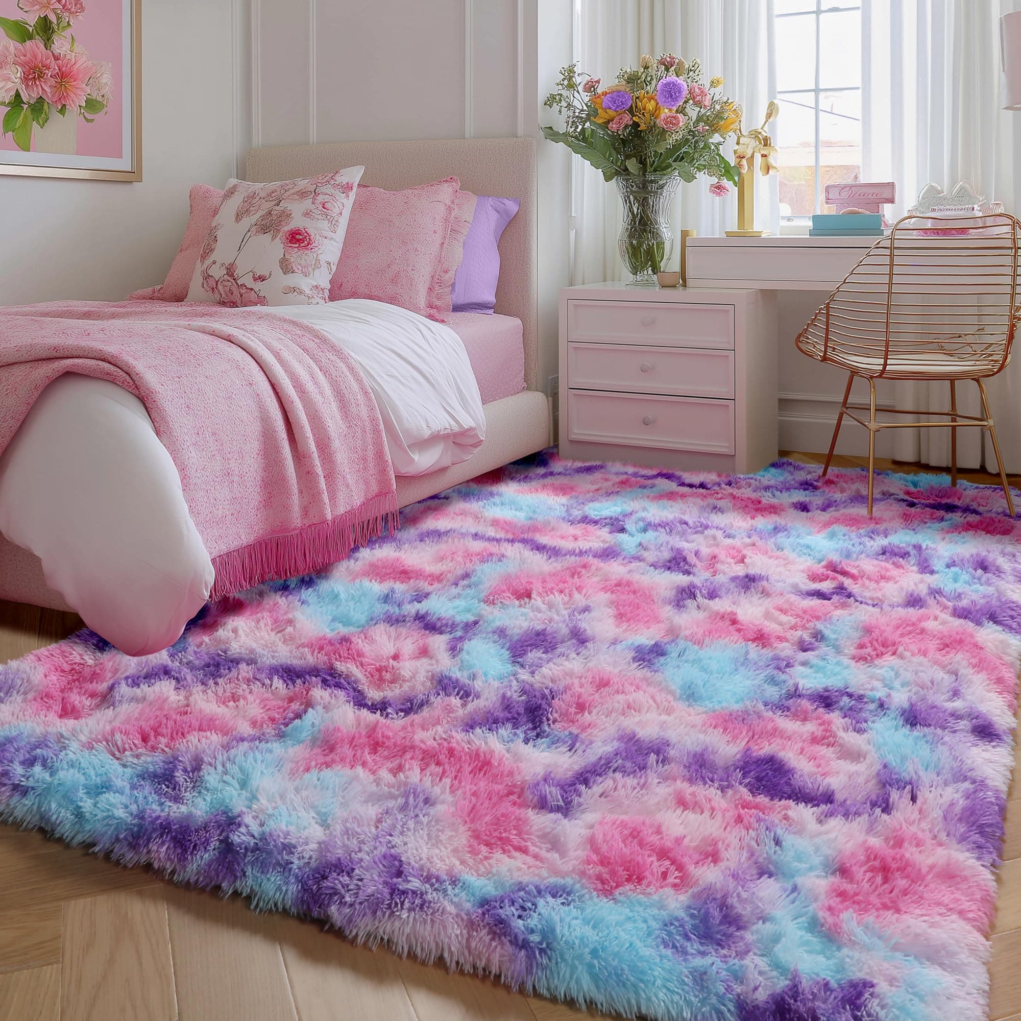 Super Soft Rugs for Girls Room Fluffy Bedroom Living Room Carpet Comfy Rose Red Nursery Decor 4' x 5.3' (Hot Pink)
