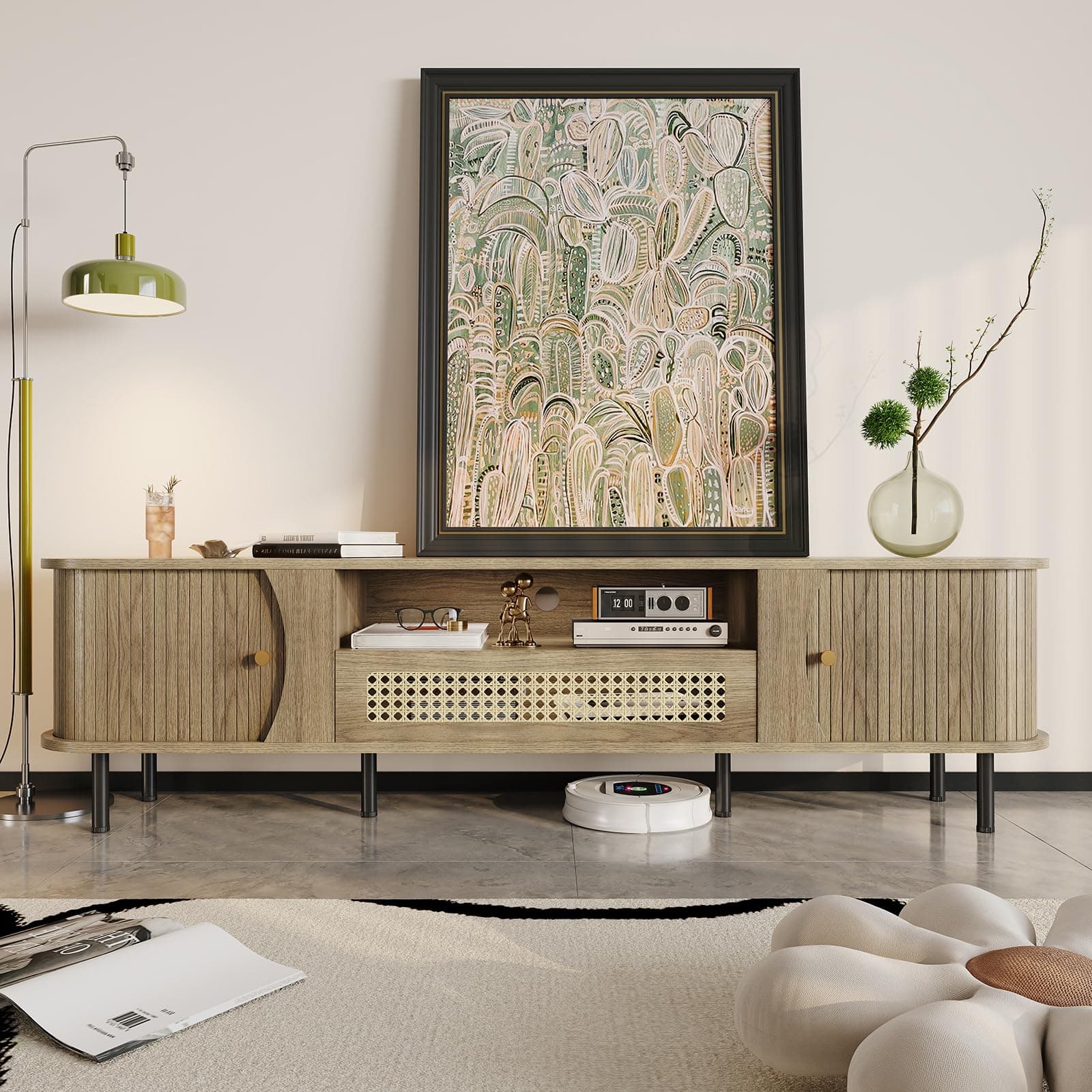 basenji Fluted TV Stand - Modern Wooden Freestanding Home Entertainment Console with 2 Storage, 2 Shelves-Curved Round Edge TV and Media Console Table Length 70.8 inches Oak
