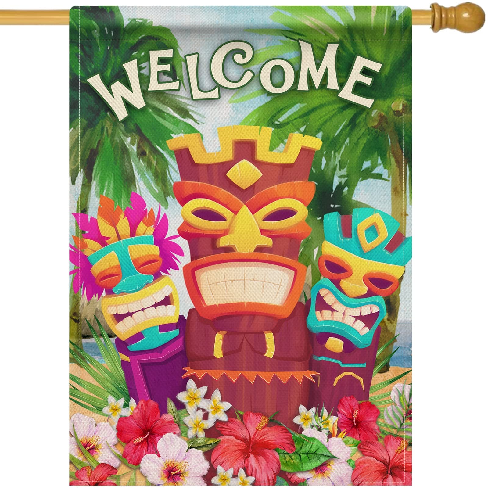 Hzppyz Welcome Summer Tiki Aloha Hawaii Tropical House Flag, Hibiscus Frangipani Flowers Decorative Garden Yard Outdoor Large Decor, Hawaiian Luau Coconut Tree Spring Home Outside Decoration 28 x 40