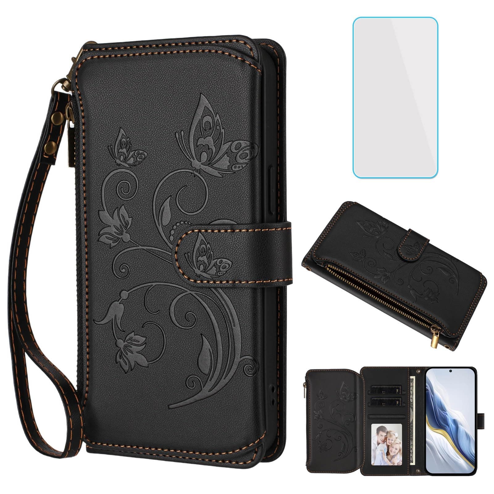 IUQXU for BLU View 5 Pro Phone Wallet Case with Screen Protector Leather Zipper Pocket Card Slots Flip Cell Phone Case Floral Butterfly Cover for BLU View5 Pro Blue View5Pro B170D BLUView5Pro Black