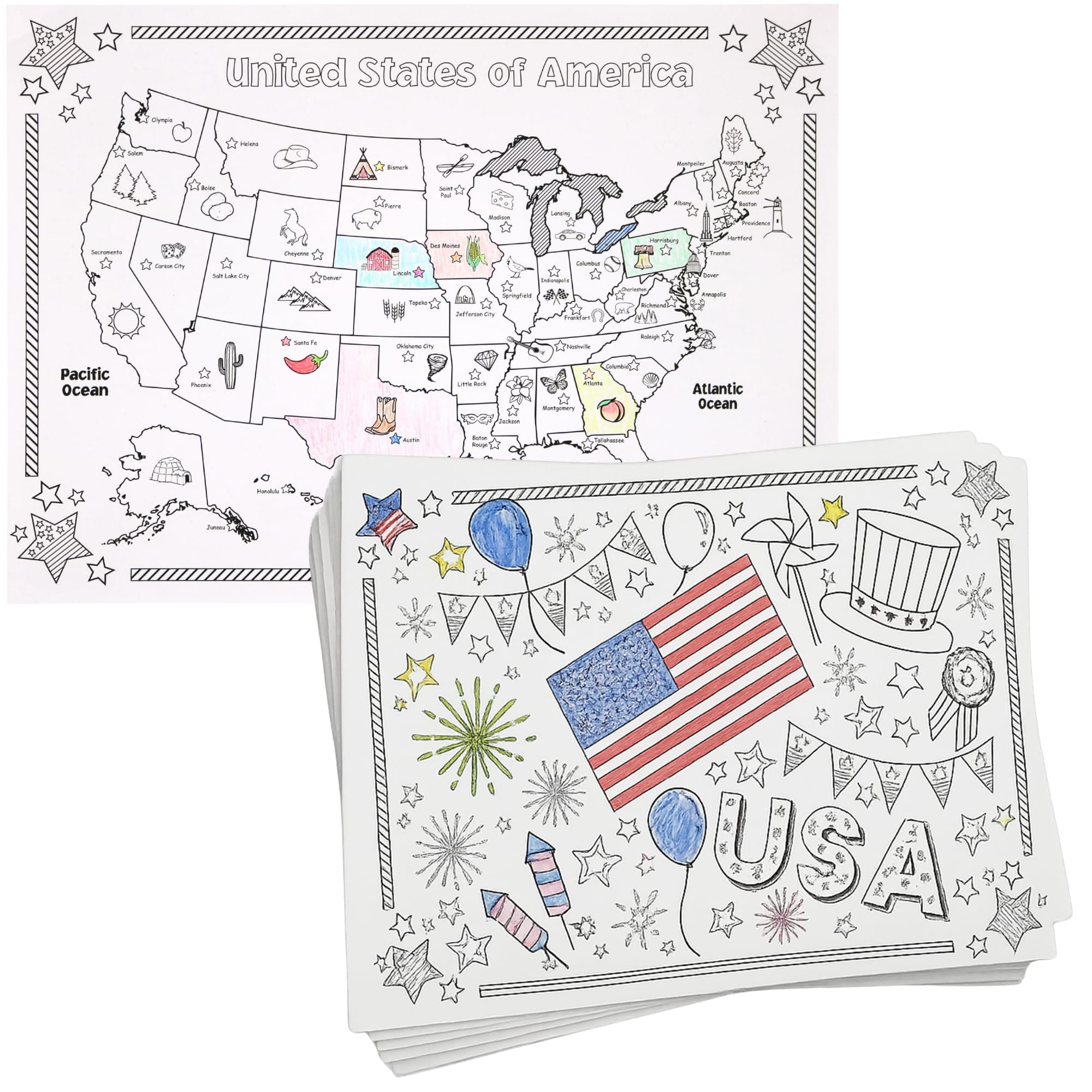 Iconikal 22-Count 2-Sided Coloring Poster Sheets Reversible Disposable Paper Place Mats, Patriotic, 14 x 10-Inches