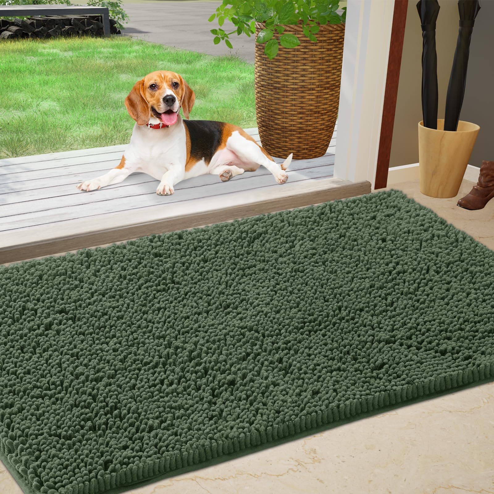 IM HOME Durable Chenille Absorbent Outoor Doormat 20" x 30", Muddy Washable Door Mats for Dog Non Slip Heavy Indoor Doormat Soft Front Inside Doormat for Entryway, Mud Dog Paws, Patio Olive