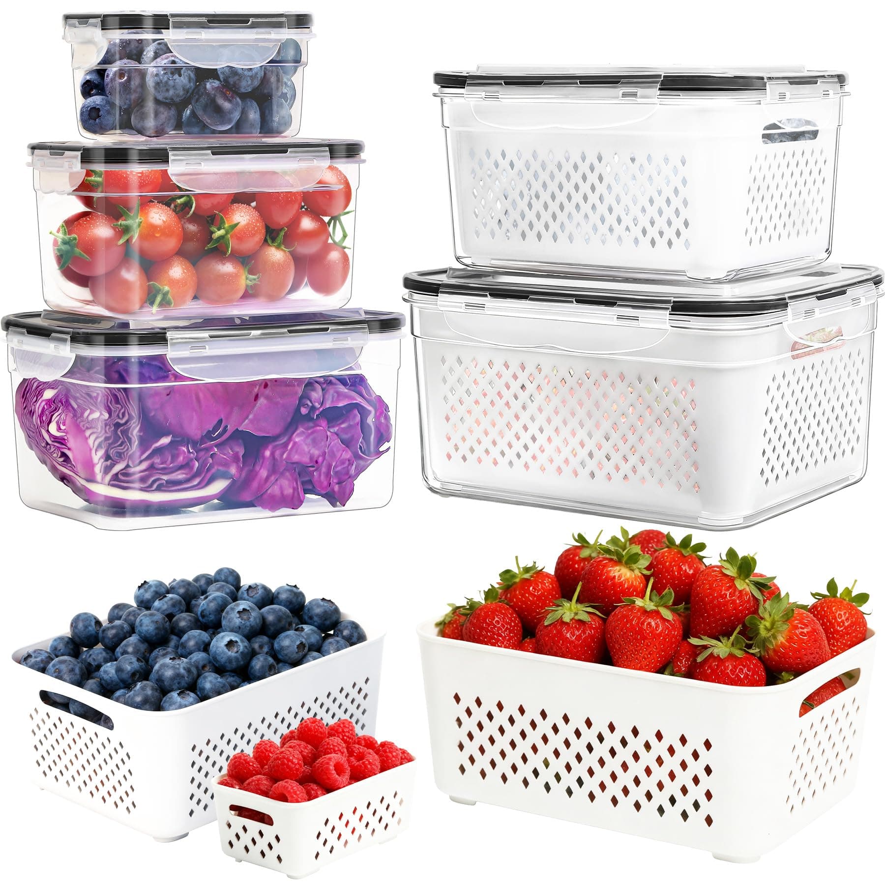 5-Pack Large Fruit Storage Containers for Fridge with Removable Colander