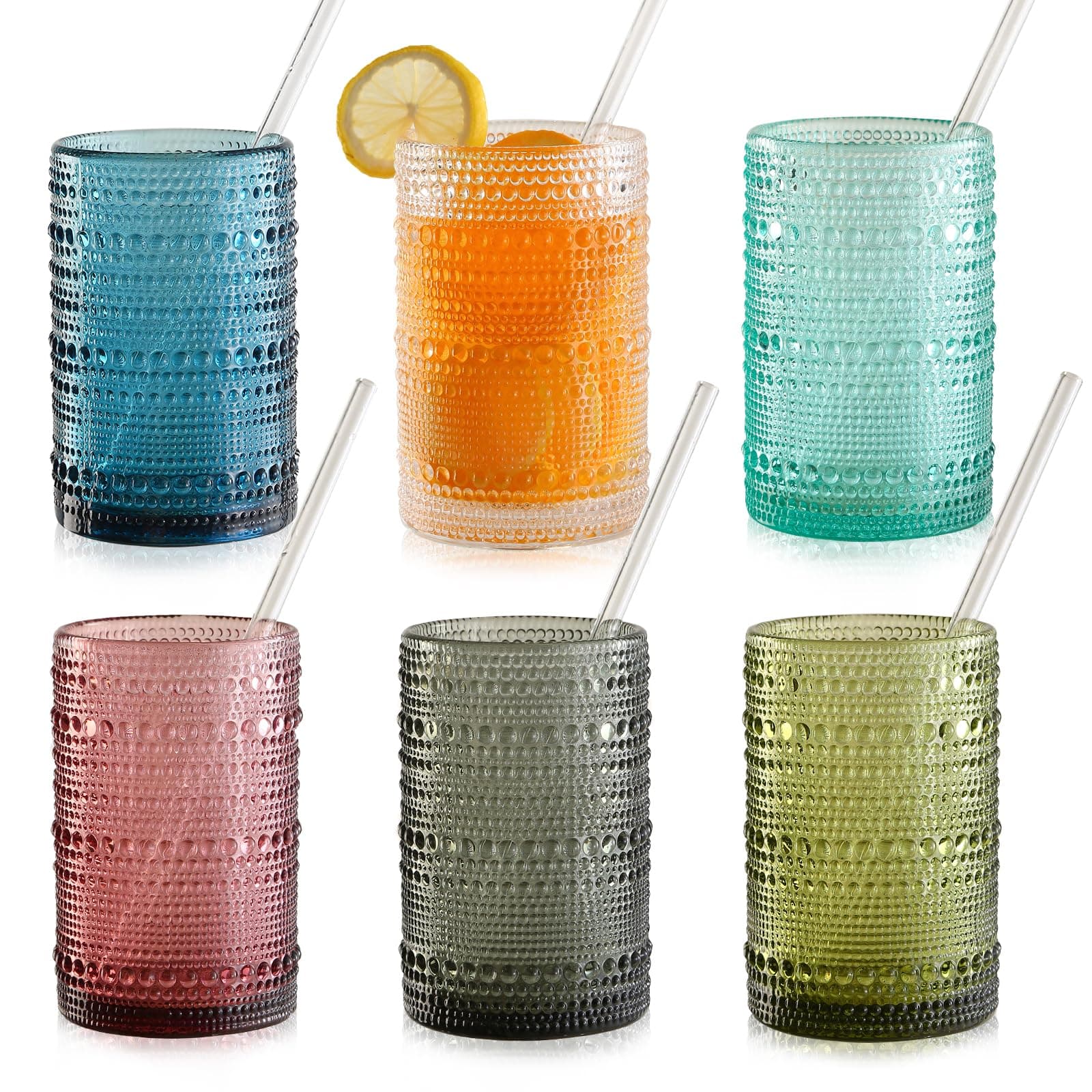 KMIGRUAN 15oz Colored Hobnail Drinking Glasses Set of 6,Vintage Kitchen Glassware, Embossed Beaded Glass Cups,Water Tumbler for Cocktail,Juice and Various Mixed Drinks