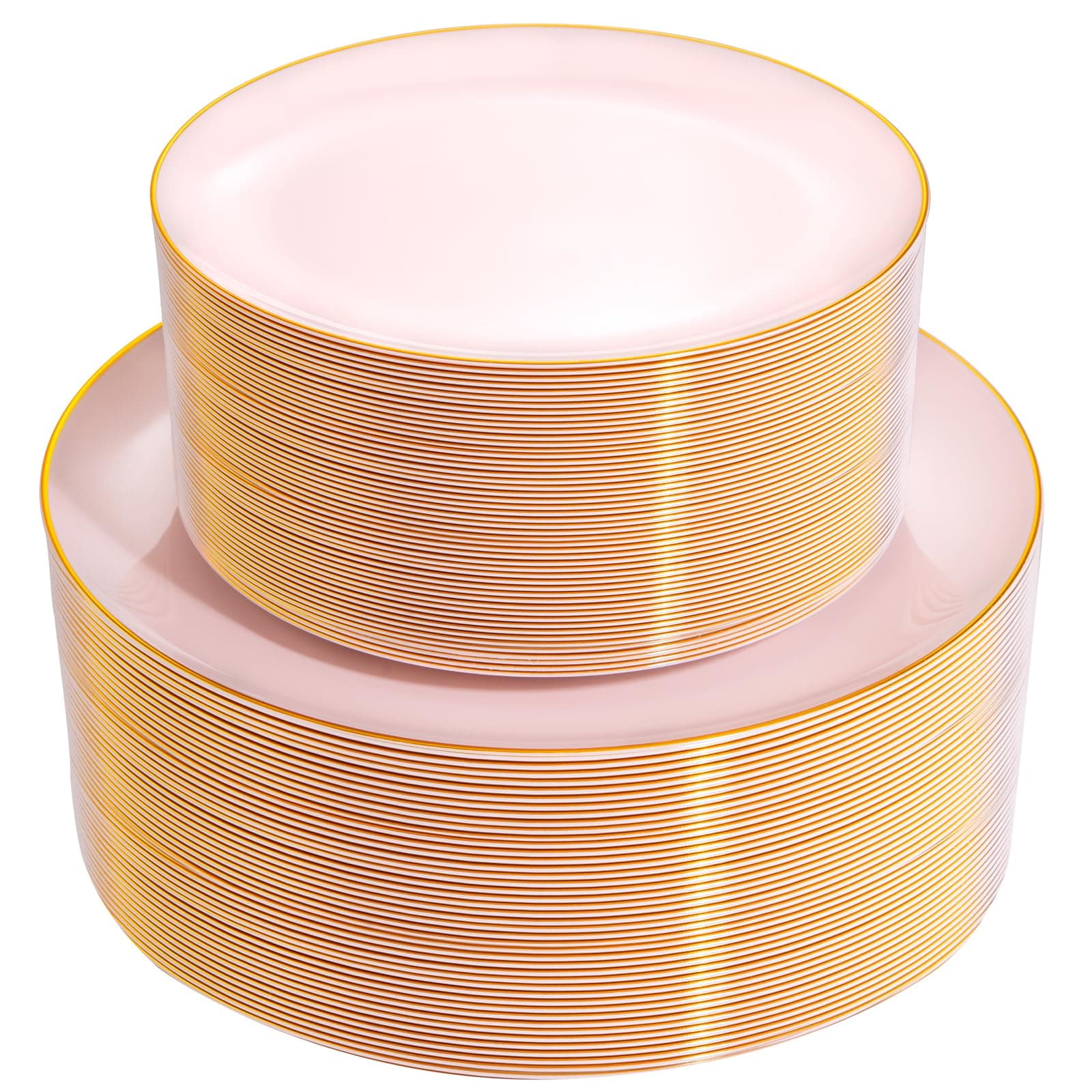 PULOTE 100PCS Pink Plastic Plates - Heavy Duty Pink and Gold Disposable for Party, Wedding, Mother's Day Include 50 Each (Dinner & Dessert) Plates