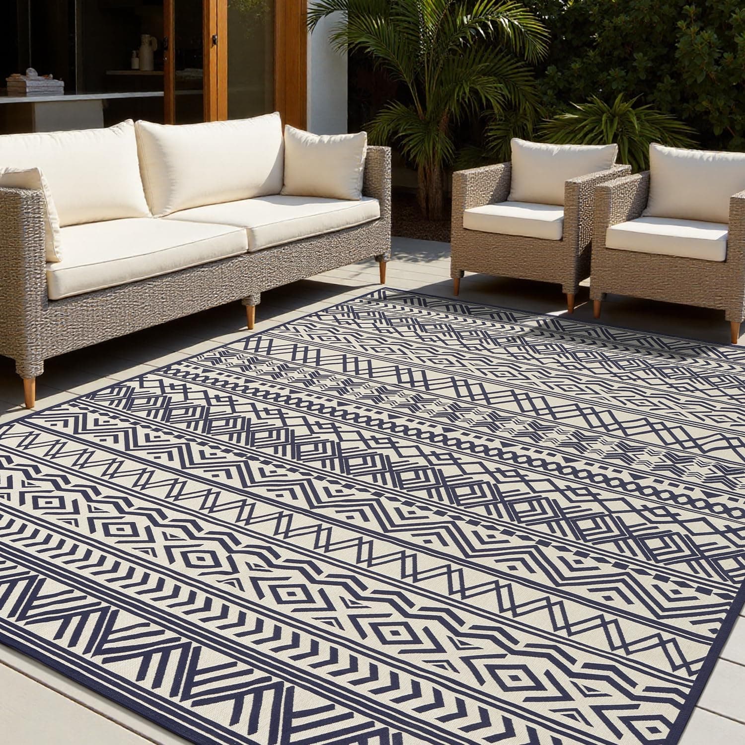 6x9 Outdoor Rug Braided Indoor Outdoor Rugs Carpet Non Slip Outdoor Patio Rug with Rubber Particles Backing, Boho Outdoor Area Rug for Patio Deck Front Porch Balcony Backyard Living Room, Navy