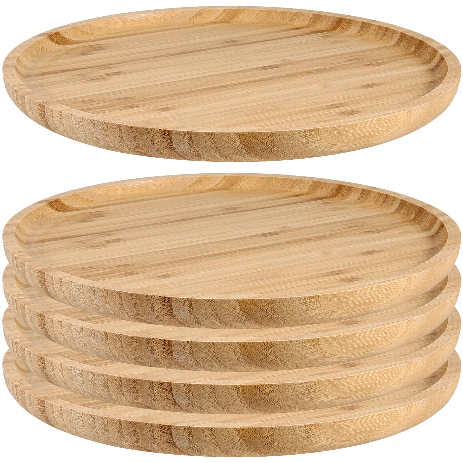 JOIKIT 5 Pack 10 Inch Bamboo Round Platter, 25cm Fine Polished Round Wood Plates Bamboo Serving Tray for Holding Fruit, Bread, Cheese, Nut, Coffee, Tea, Plant Saucer, Snack Tray