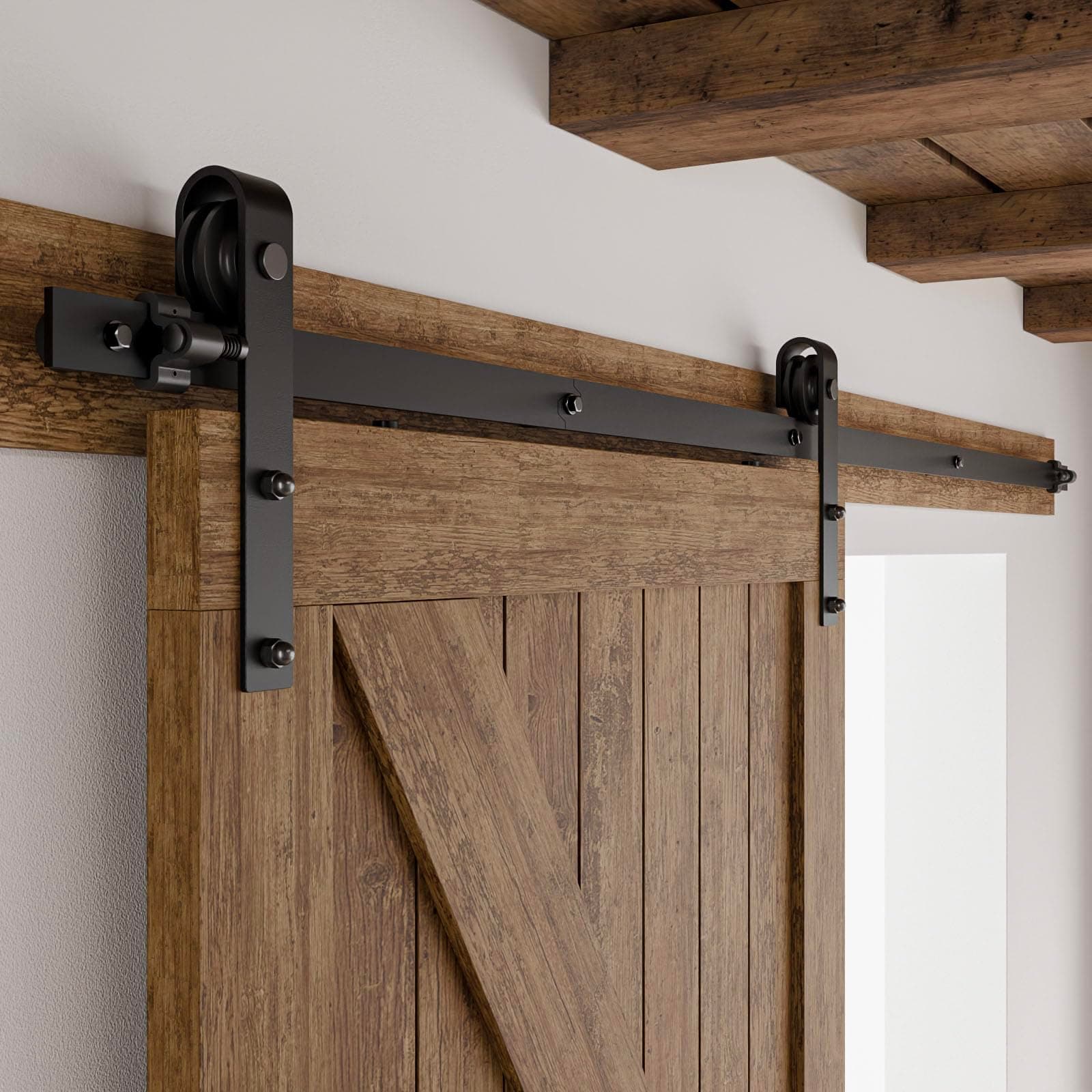 CCJH 8FT Sliding Barn Door Hardware Kit Heavy Duty Single Wood Door Roller Track kit, Smoothly and Stable, Easy Install (J Shape)