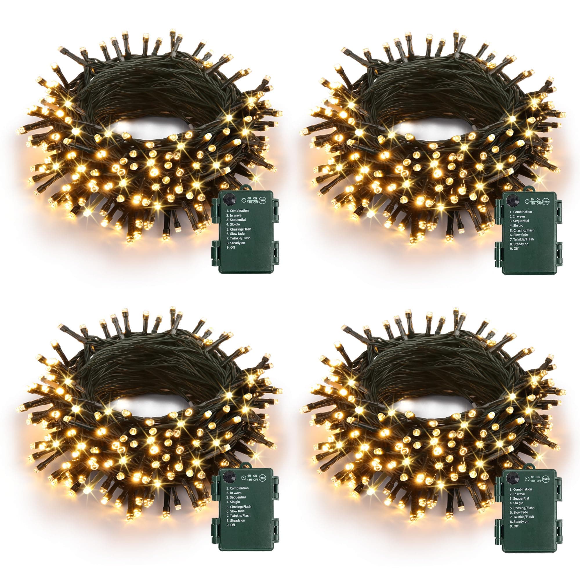 Battery Operated Christmas Lights - 4 Pack Total 66ft 200 LEDs Warm White Christmas Lights with Timer, 8 Modes Waterproof Twinkle Lights for Indoor Outdoor Xmas Tree Wreath Party Holiday Decorations