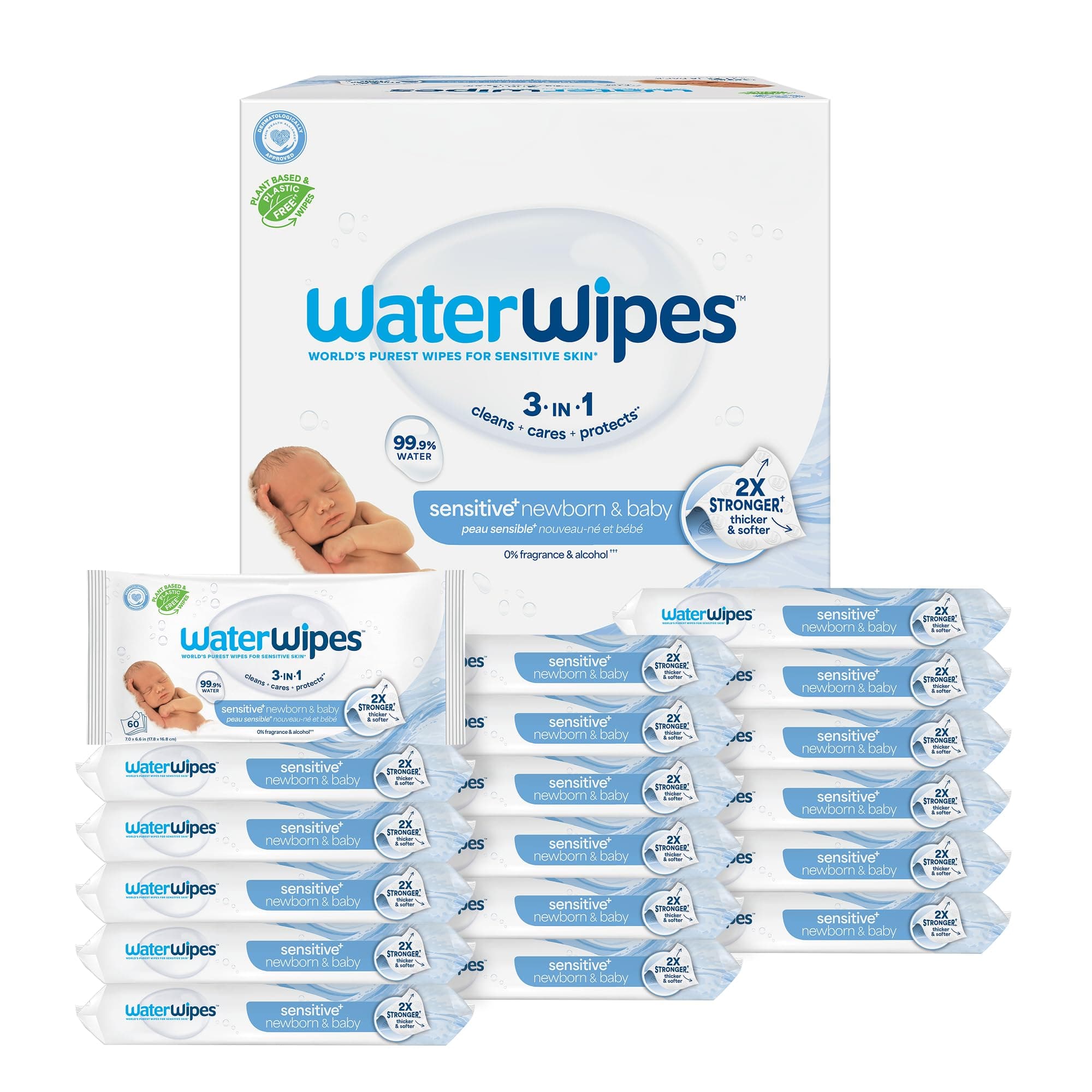 WaterWipes Plastic-Free Original Baby Wipes, 99.9% Water Based Wipes, Unscented & Hypoallergenic for Sensitive Skin, 1080 Count (18 packs)