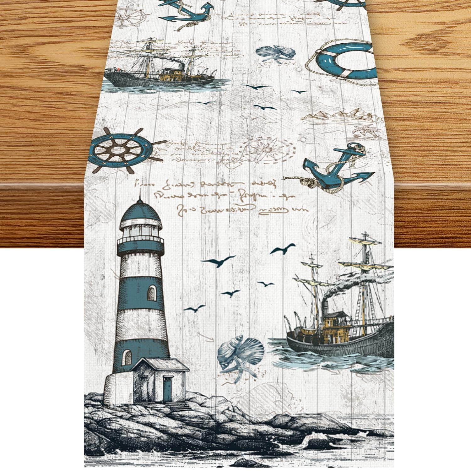 Nautical Sailboat Table Runner, Retro Lighthouse Ship Wooden Anchor Compass Starfish Ocean Coastal Marine Summer Coffee Table Center Decor for Kitchen Dining Home Party Table Decorations, 13"x90"