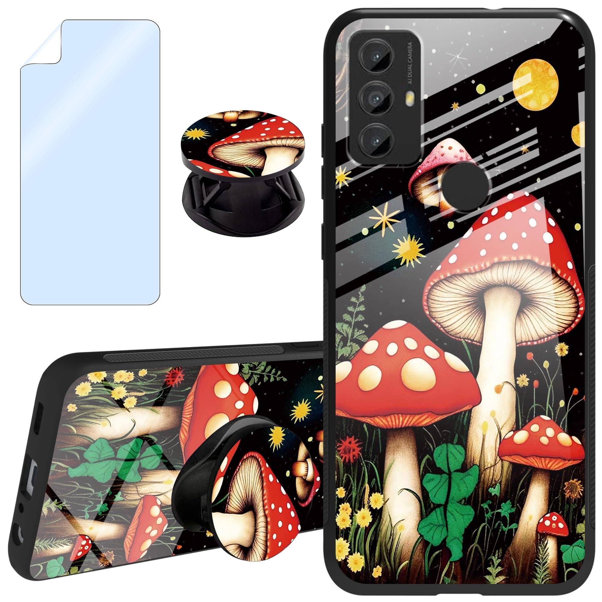JYCUHTCL for Motorola Moto G Power 2022 Case 6.5" with Screen Protector + Kickstand Mushroom Night Theme Design Phone Case for Motorola Moto G Power 2022 Case Shockproof Anti-Slip Cover