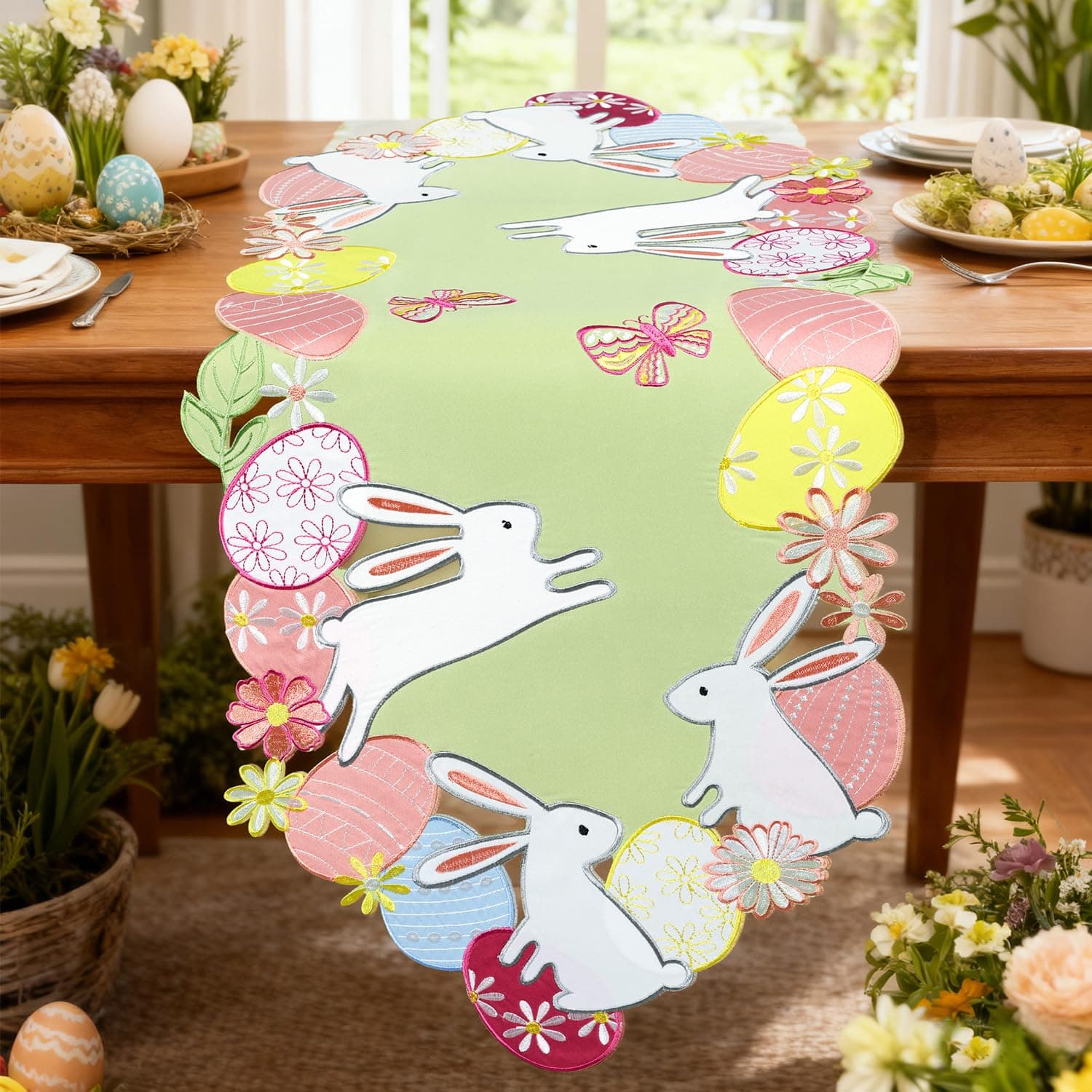 Easter Table Runner 72 Inches Embroidered Bunny Sage Green Easter Eggs Colorful Cut Out Rabbits Spring Flower Daisy Seasonal Decorations for Dining Coffee Table