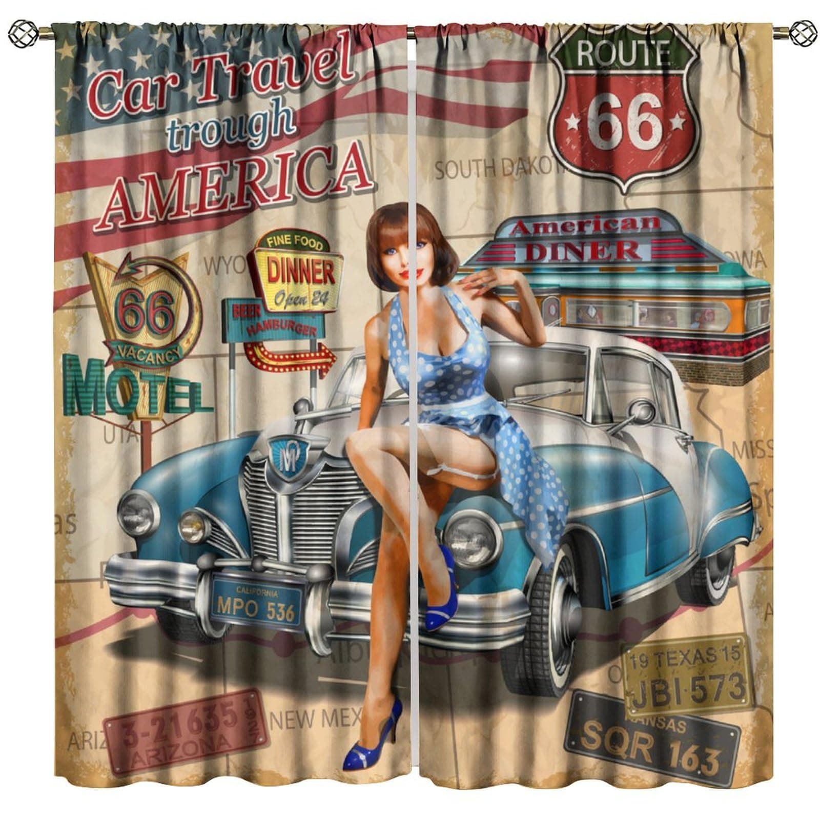 GoDazzling Vintage Car Blackout Curtains Window, Retro Route 66 Old Classic Car Theme Art Printed Window Drapes, for Bedroom Living Room Kitchen 63" W X 63" L