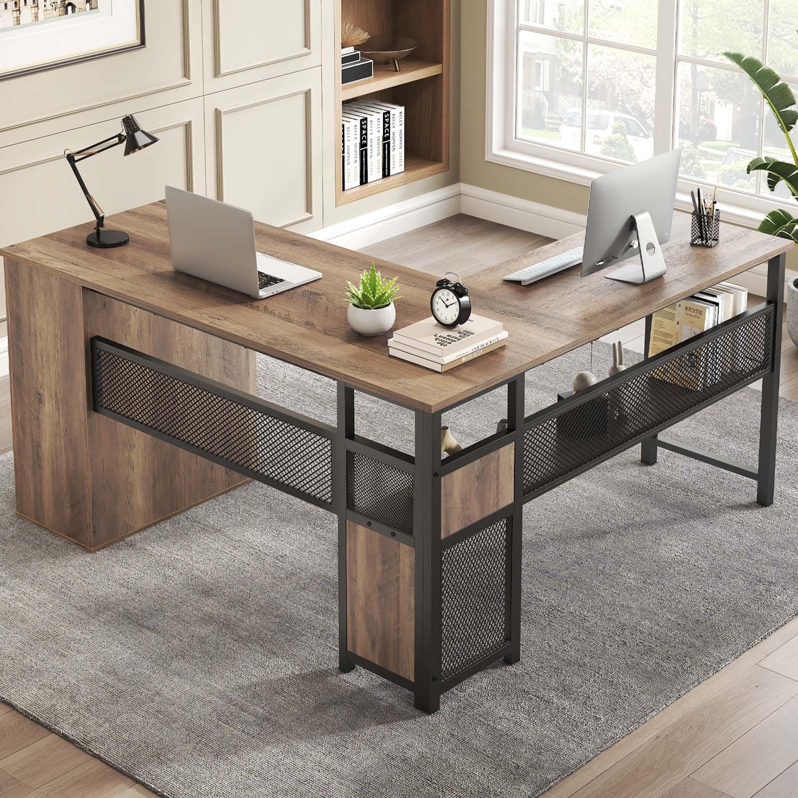 LVB L Shaped Desk, L Shape Computer Office Desk with Drawers, Wood Metal Reversible Corner Desk with Storage Cabinets, Large Executive Gaming Desk Table with Shelves for Work, Rustic Oak, 59 Inch