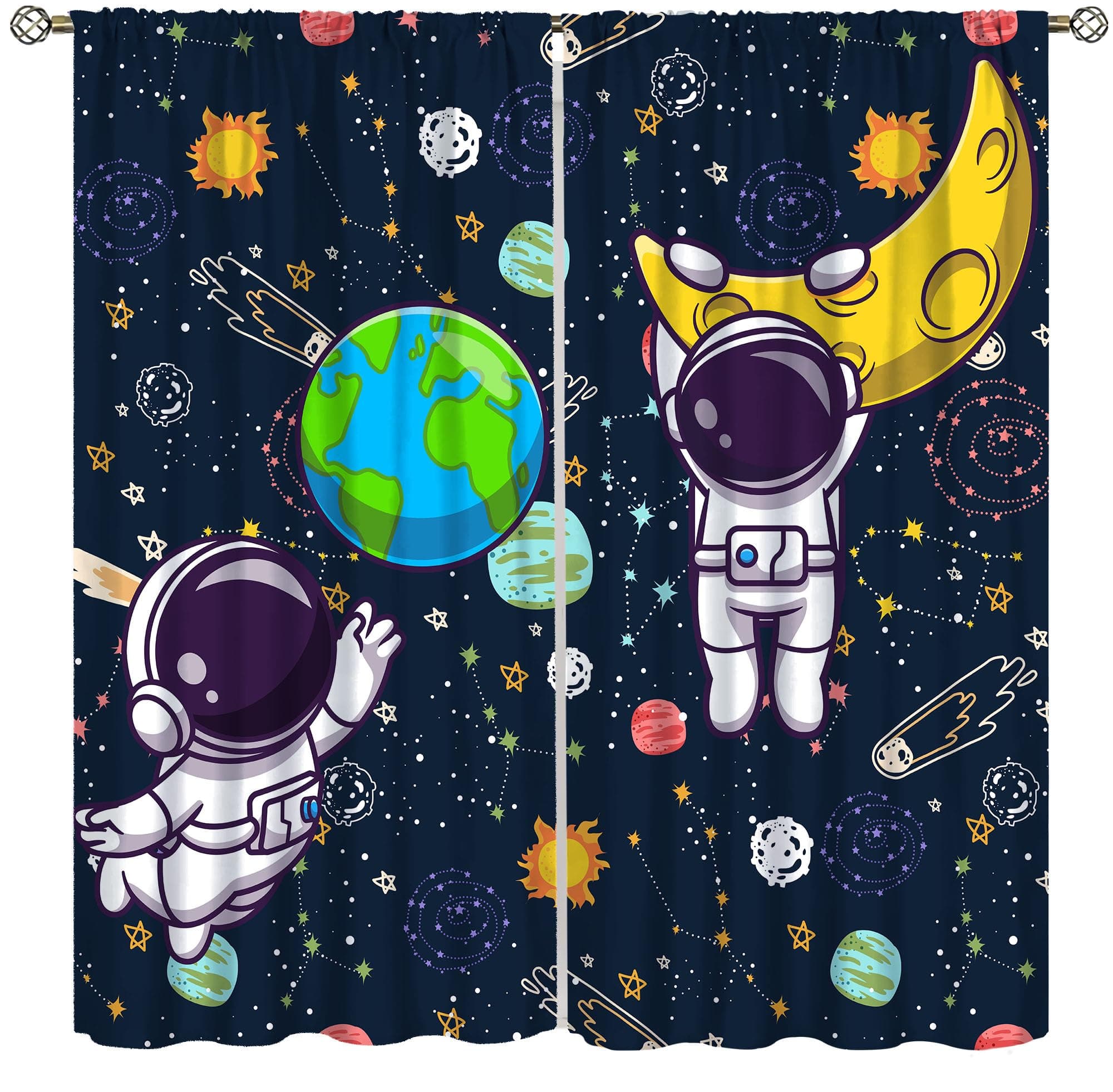 Astronaut Blackout Curtains for Boys Bedroom,Space Cartoon Funny Spaceman with Earth Moon Rod Pocket Insulated Darkening Window Curtain for Bedroom Living Room Nursery 2 Panel 26x84in,2 Panel Set