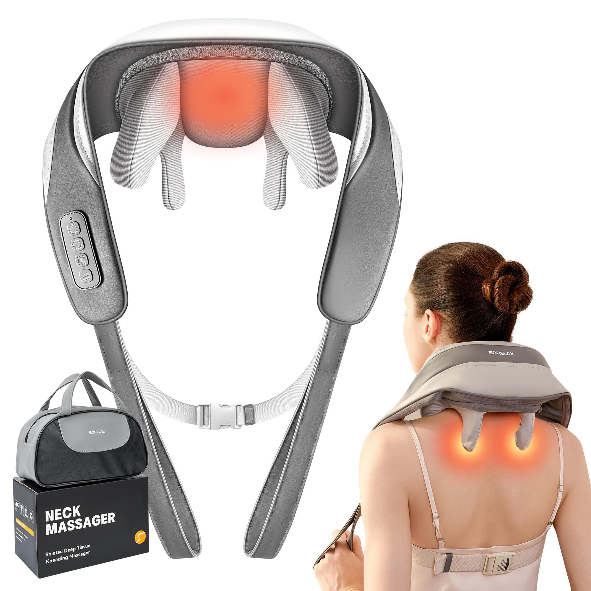 Neck Massager for Pain Relief Deep Tissue, Shiatsu Neck and Back Massager With Heat, Electric Massage Pillow for Shoulder Leg Body Muscle Pain Relief, Gifts For Women Men Mom Dad (Grey【with bag】)