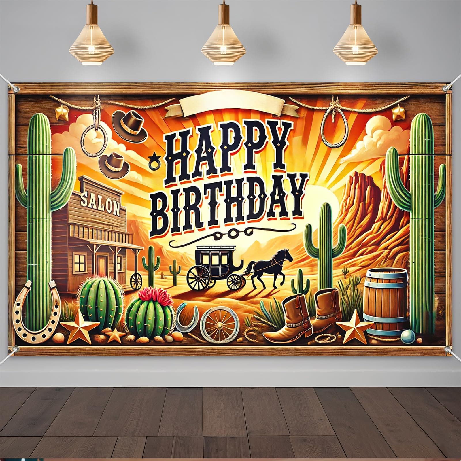 IVN Happy Birthday Banner Wild West Cowboy Party Backdrop 71x43 Inch Saloon Desert Cactus Lasso Horseshoe for Kids Adults Photo Booth Decor Celebration Western Theme Banners Gifts