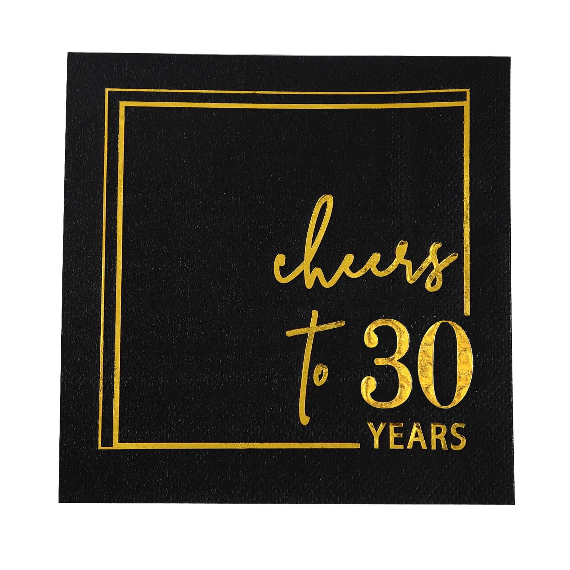 Cheers to Years Cocktail Napkins - 50 PK - 3-Ply Birthday Napkins 5x5 Inches Disposable Party Napkins Beverage Paper Napkins or Birthday Decorations Wedding Anniversary Black and Gold (30 Years)