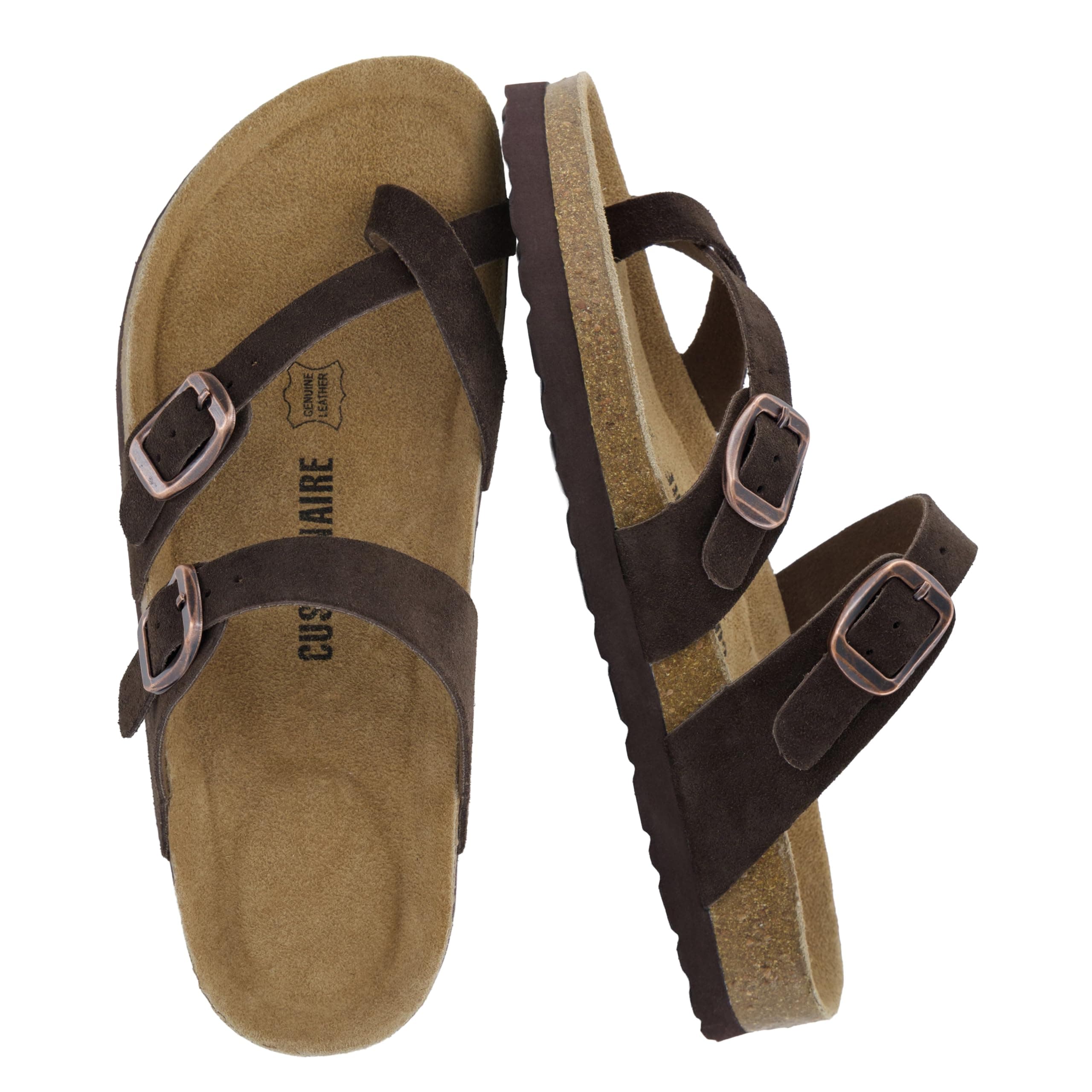 CUSHIONAIRE Lucky 100% Genuine Leather Suede Womens Sandals, Comfortable Cork Footbed Slides for Women with Adjustable Buckles, CHOCOLATE 11