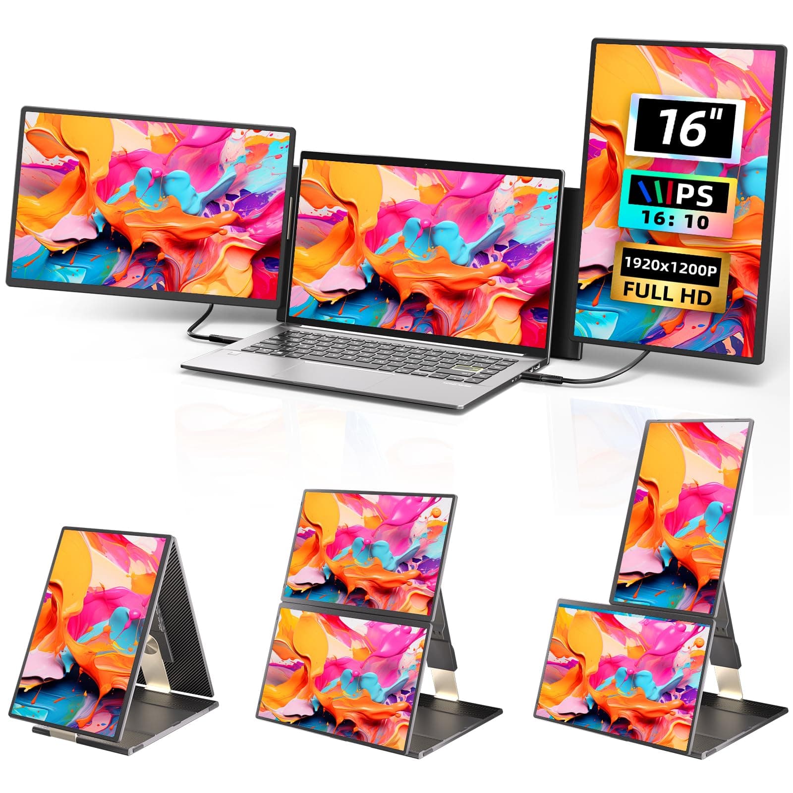Triple Screen Laptop Monitor Extender - 16-inch FHD 1200P Plug & Play Portable Monitor for Laptop Screen Extender 235° Rotation for Work/Travel/Conference/Study