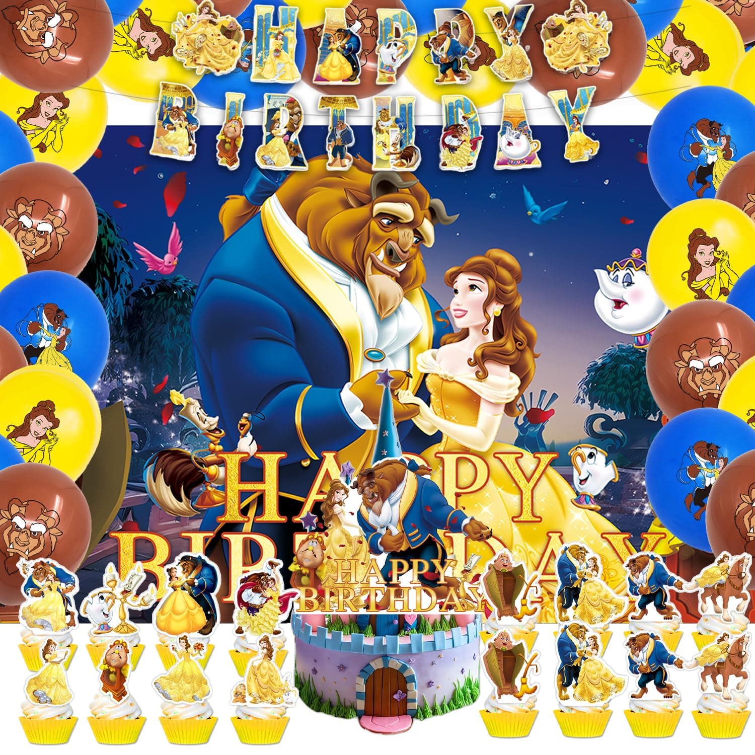 Includes Pack of 42 Beauty and the Beast Party Plates Supplies Banner, Cake Topper, Black Drop, Balloons for Beauty and Monster party decoration