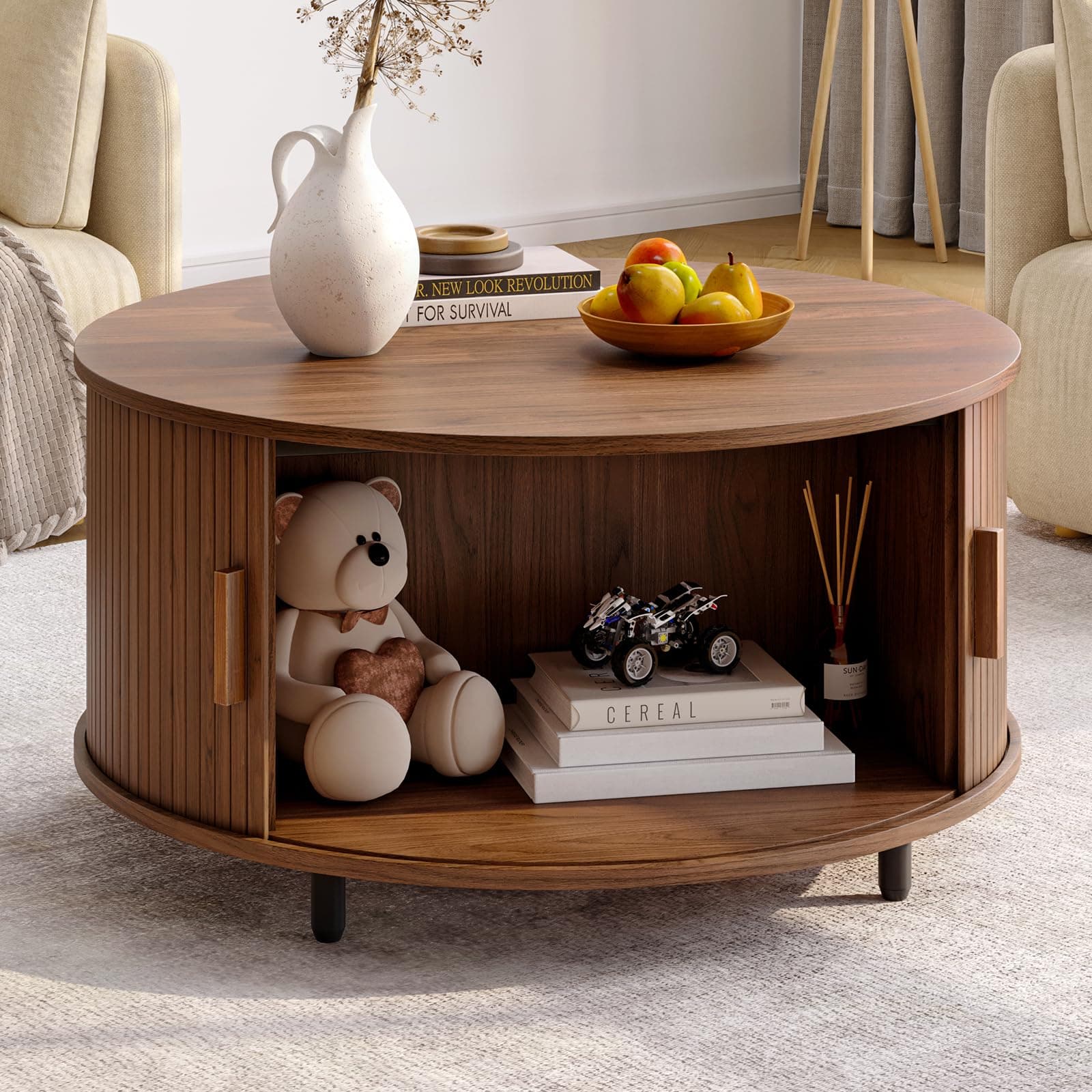 ONBRILL 31.5" Round Coffee Table with Storage Adjustable Footpad, Walnut