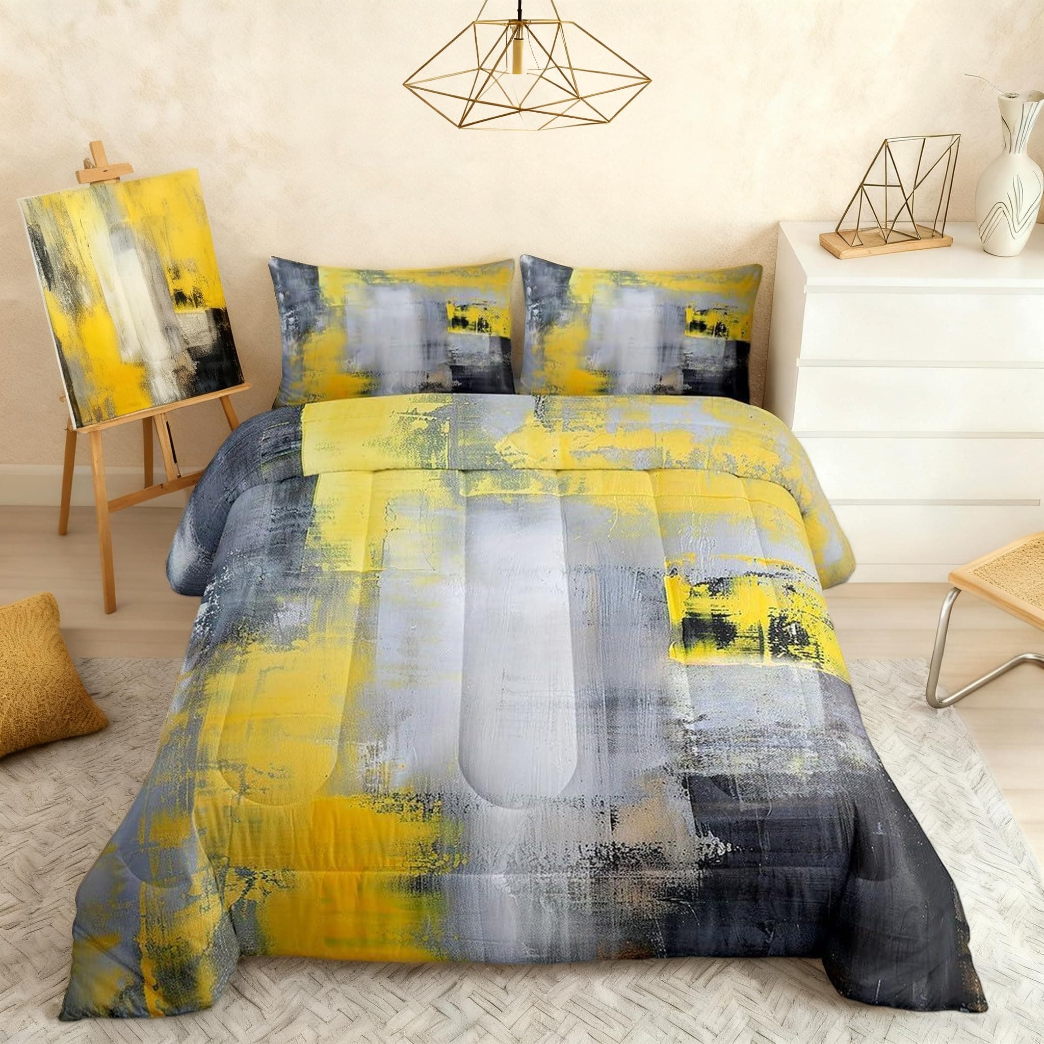 Homewish Retro Abstract Watercolor King Size Comforter Set,Kids Yellow and Black Decor All Season Bedding Set,Teens Modern Art Comforter,Girls Stripe Squares Decor Quilt Set Bedroom Collection 3Pcs