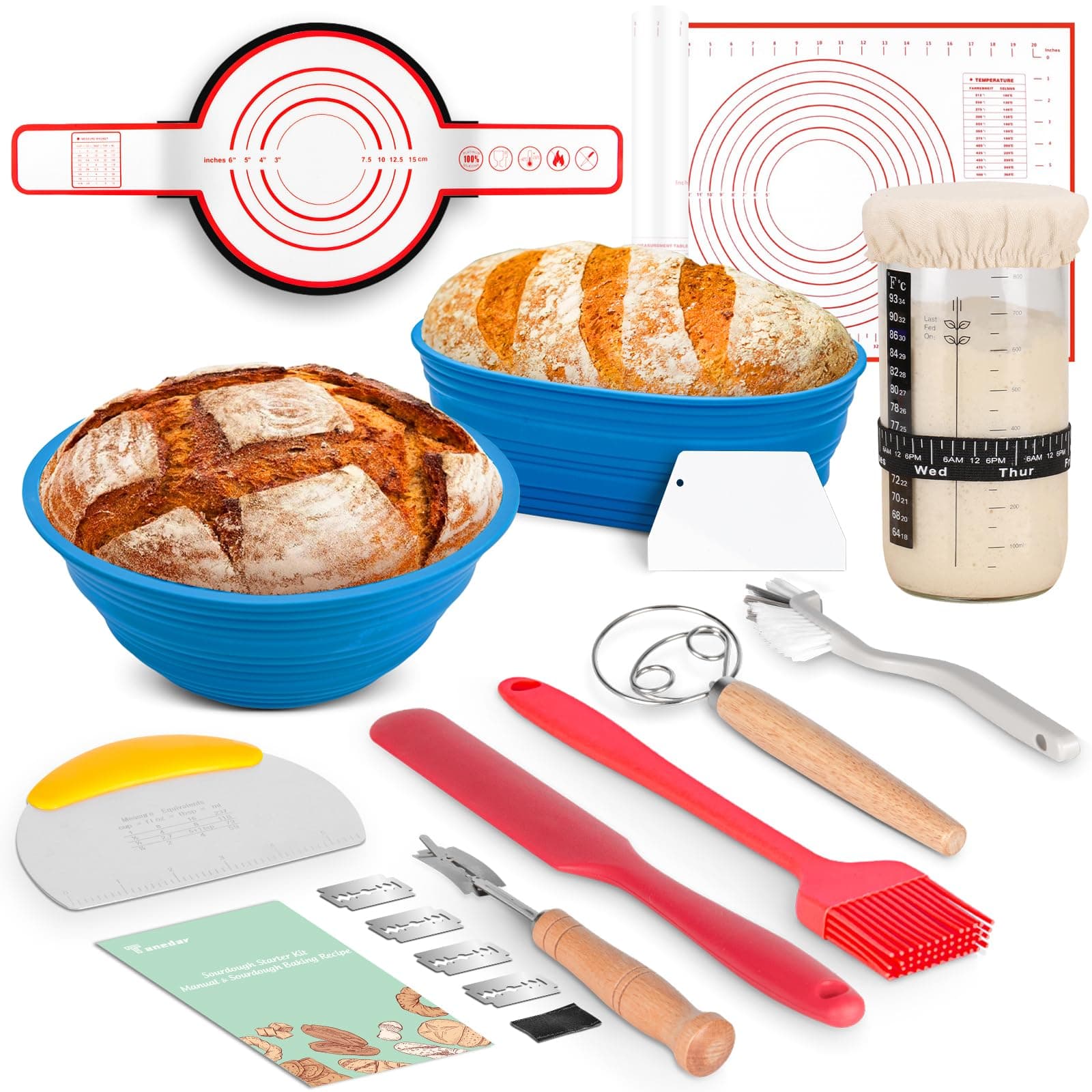 Complete Sourdough Bread Starter Kit with 35OZ Jar, All-in-One Sourdough Starter Kit, 2 Silicone Proofing Baskets, Non-Stick Baking Mat & 15-Piece Baking Tools Set - Includes Dough Scraper, Lid & More
