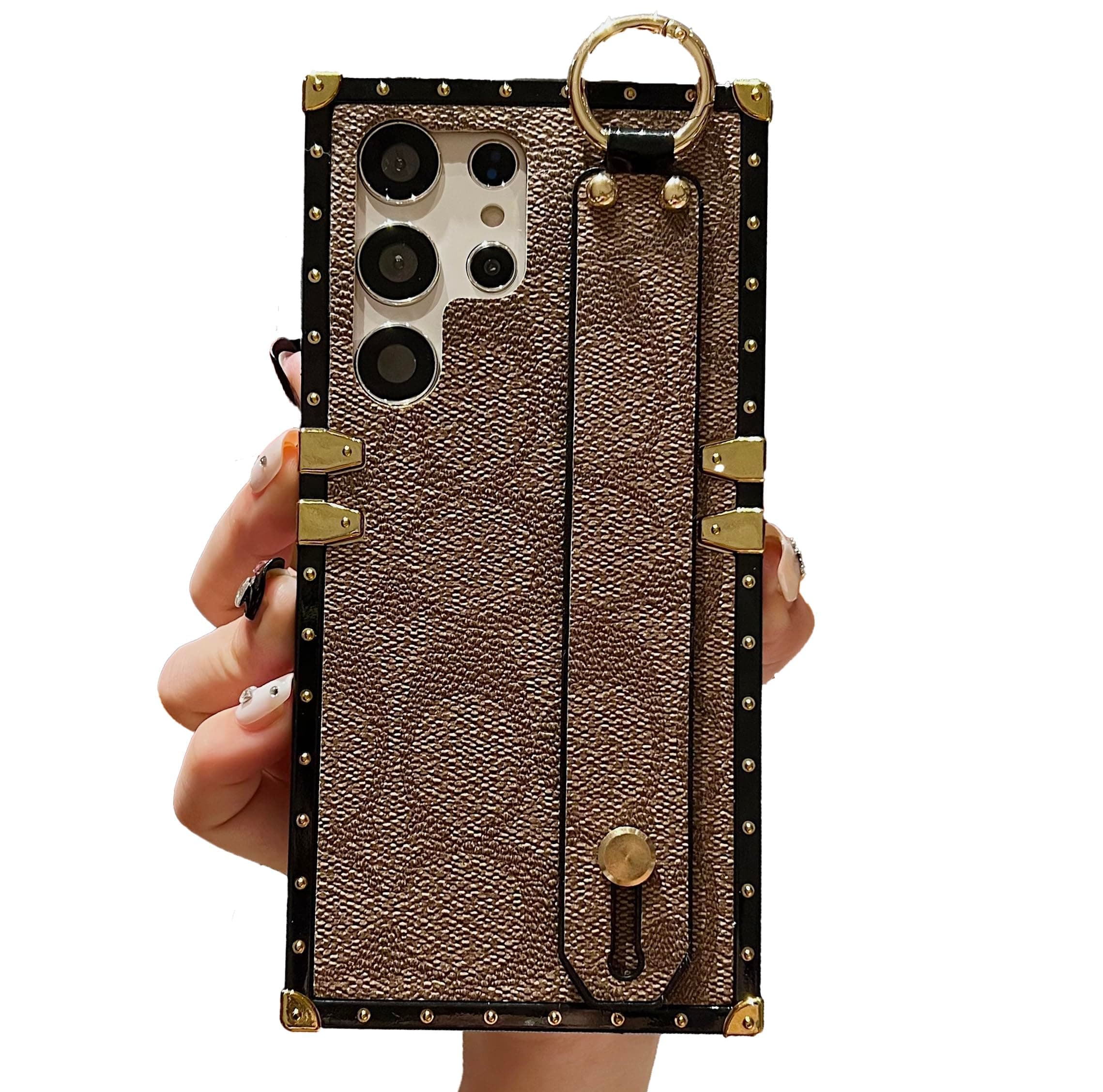 BUSDOG Designed for Samsung Galaxy S25 Ultra Cute Case with Wristband Strap Anti Drop Protective Designer Case,with Luxury Rectangle Leather Case. Compatible with Samsung S25 Ultra - 6.8 inch (Brown)