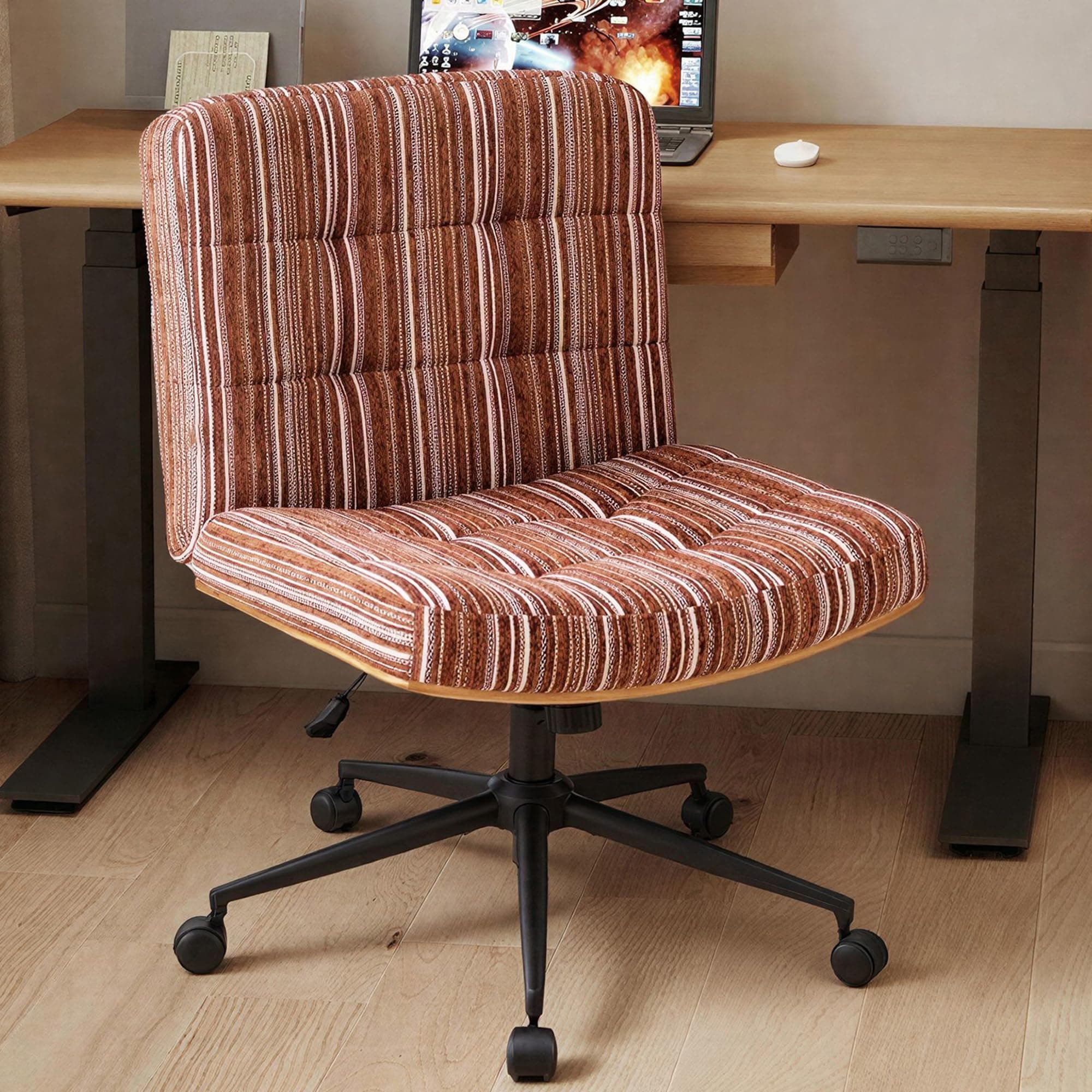 Furnimart Wooden Criss Cross Office Chair with Wheels for Home Office, Chenille Wide Armless Desk Chair Height Adjustable Comfy Seat for Desk,Vanity, Bedroom (Dark Brown)