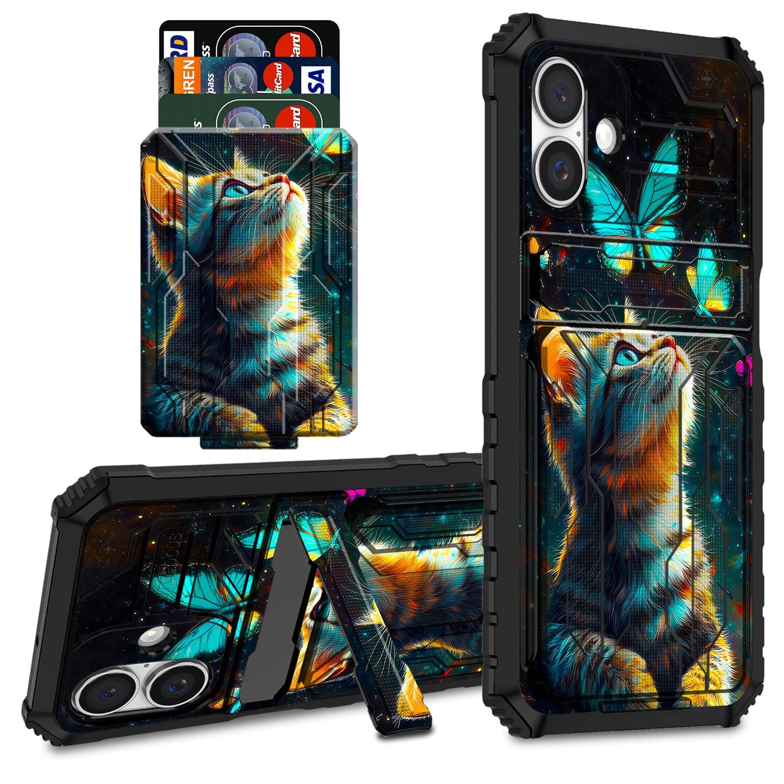 CGFGHHUY for iPhone 17 Case Wallet Cover with Credit Card Holder & Kickstand Dual Layer Hard PC Soft TPU Protective Case for iPhone 17 6.3 inch 2025 - Galaxy Cat and Butterflies