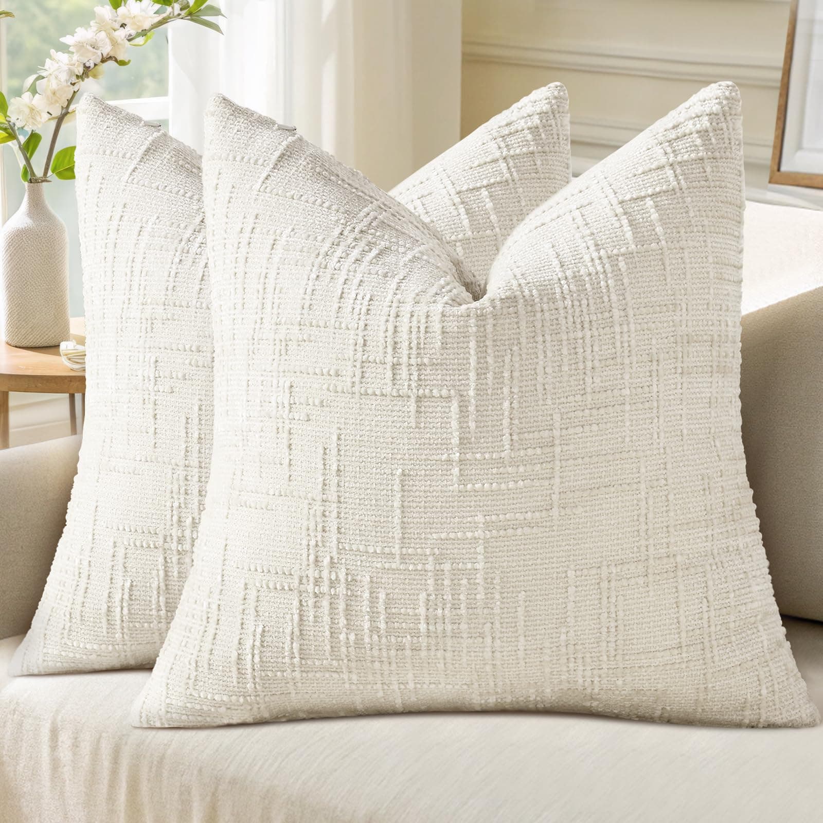 decorUhome Textured Chenille Throw Pillow Covers 20x20 Set of 2 Cream White