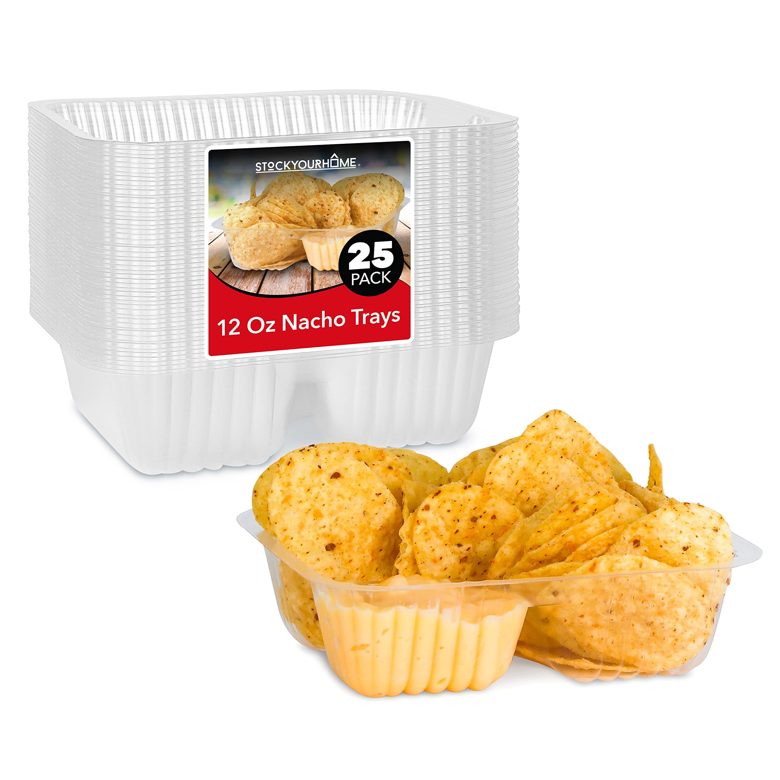 Nacho Trays (100 Pack) Disposable 2 Compartment Food Tray - Clear Plastic Chip and Dip Holder for Movie Theater Concession Stand, Carnivals, Fairs, Festivals, Kids Parties, 16 Ounce