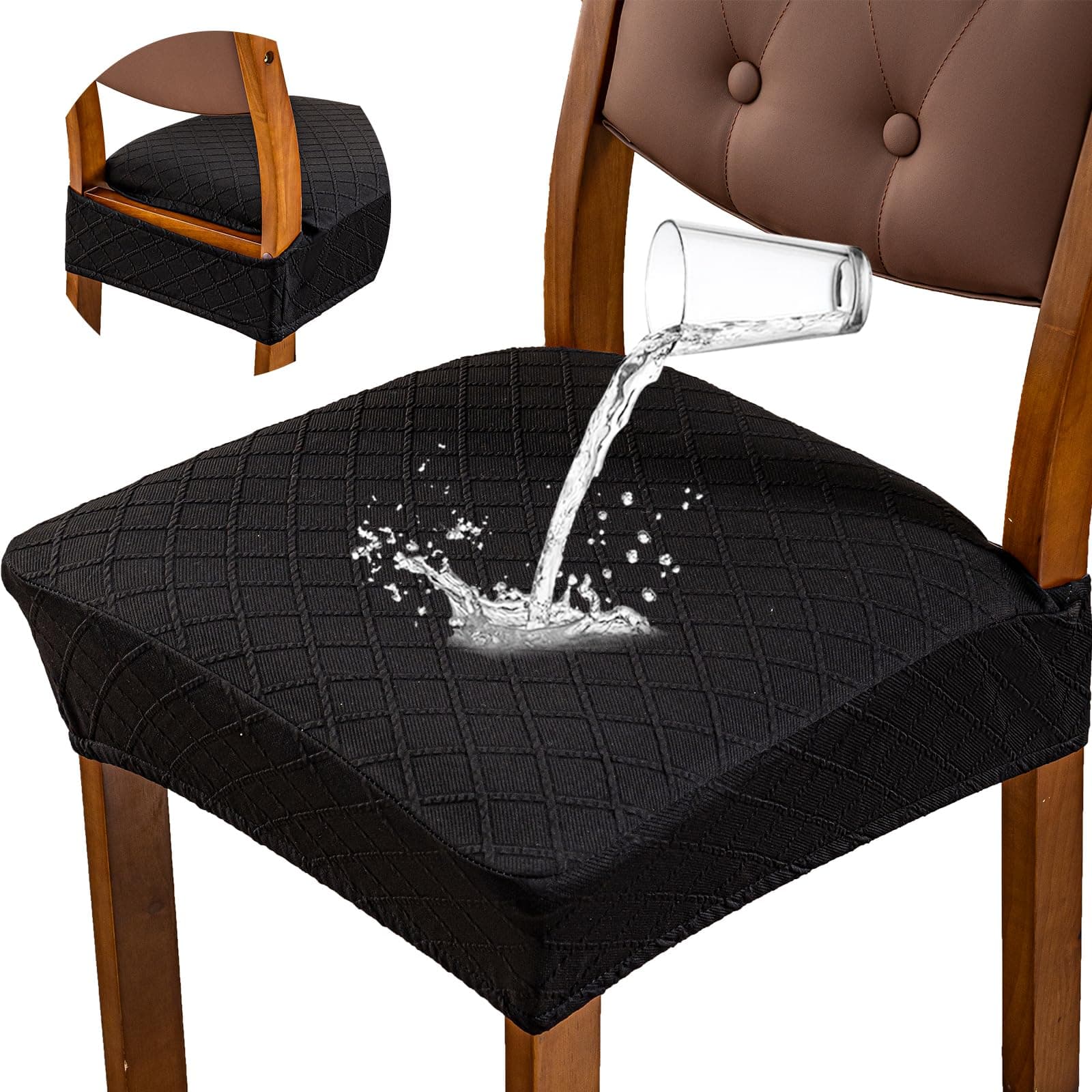 Genina Waterproof Seat Covers for Dining Room Chairs Covers Dining Chair Slipcovers Protector, No Rear Covers (Black, 4 Pcs)