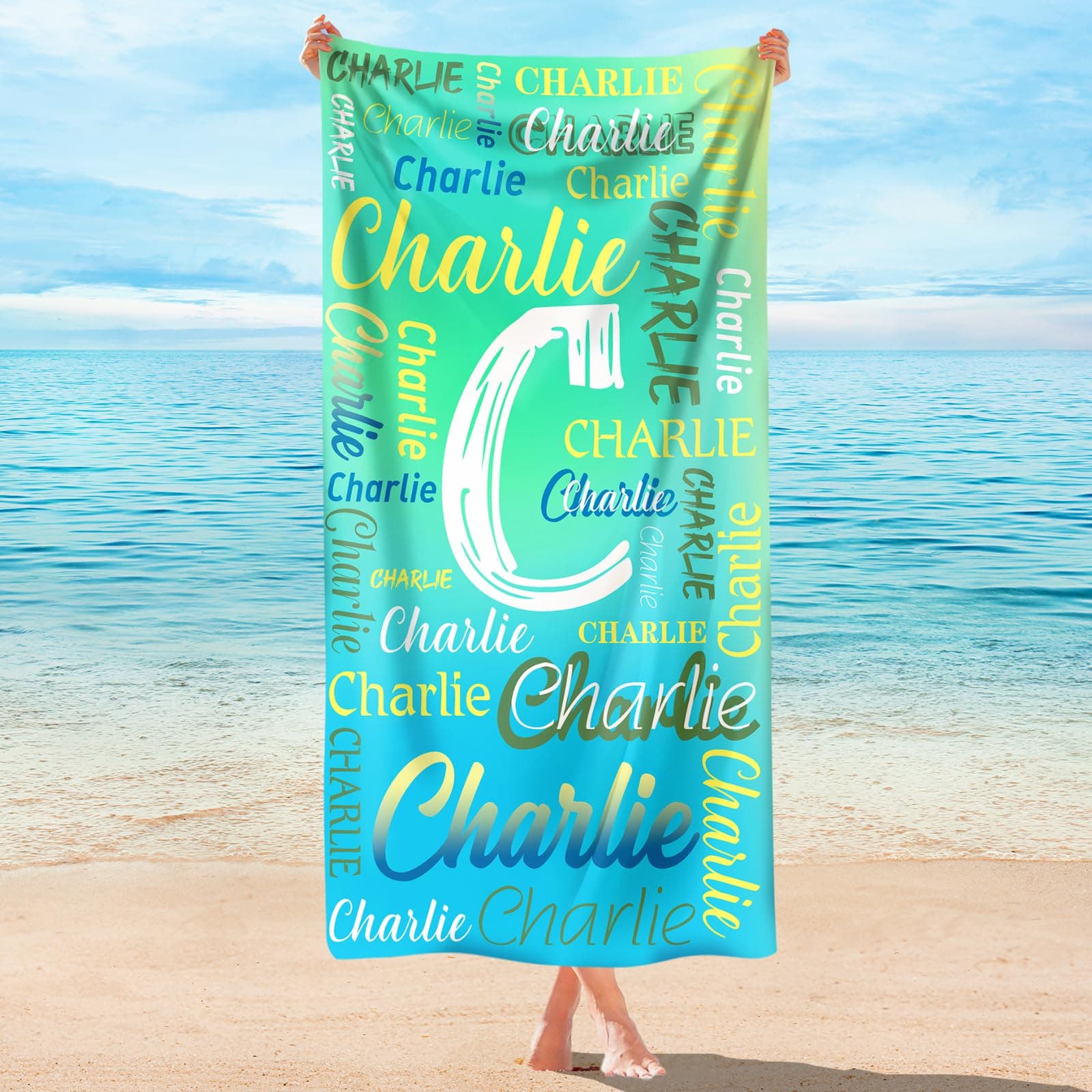 Individz Personalized Beach Towels for Kids & Adults with Name, Microfiber, Lightweight, Kids Beach Towels for Boys Girls, Custom Quick Dry Beach Towel for Sports, Travel, Pool (Cyan Blue)