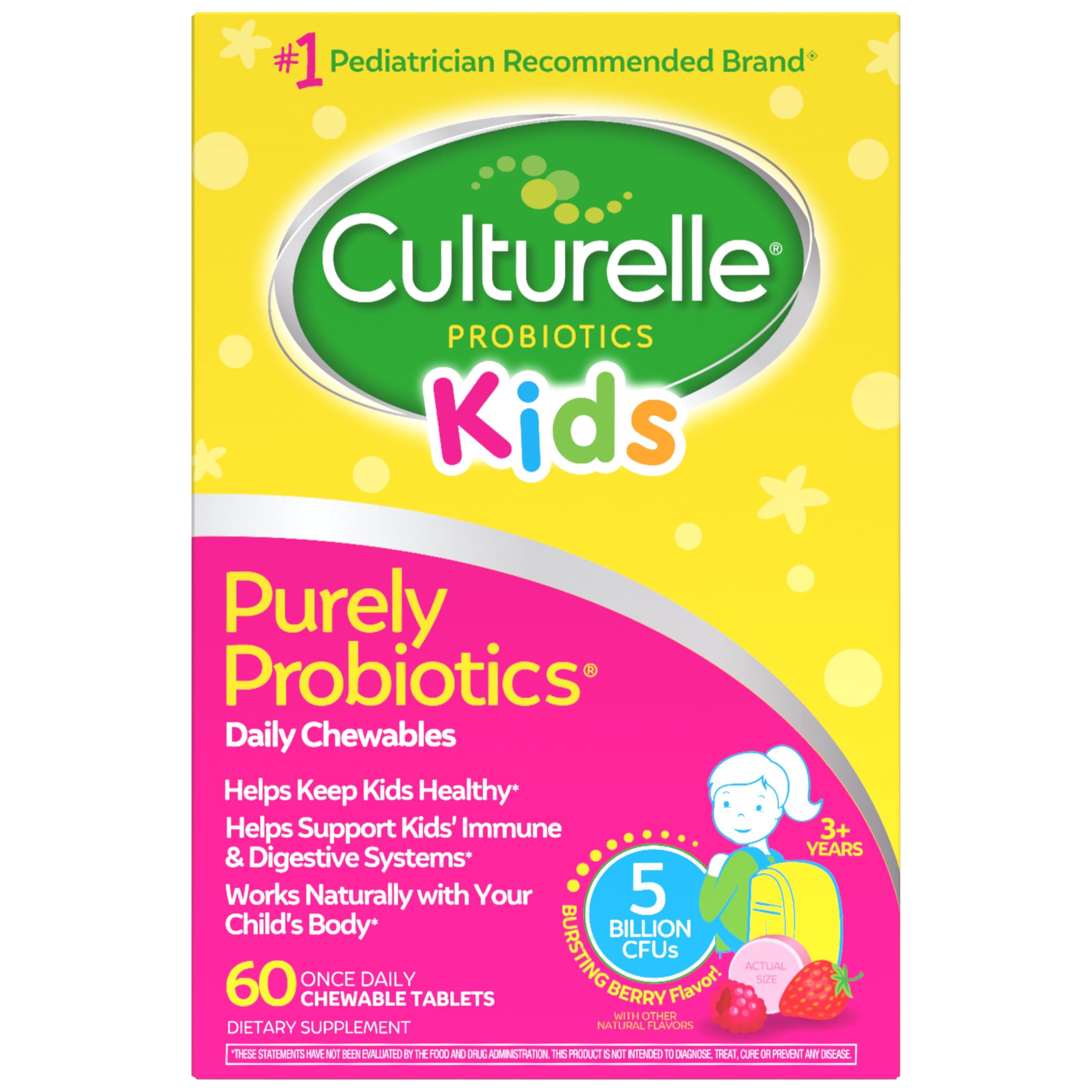Culturelle Kids Daily Probiotic Chewable for Kids, With 100% Naturally Sourced Lactobacillus GG Strain, Most Clinically Studied Probiotic, Pediatrician Recommended, Berry Flavor, 60 Count Chews