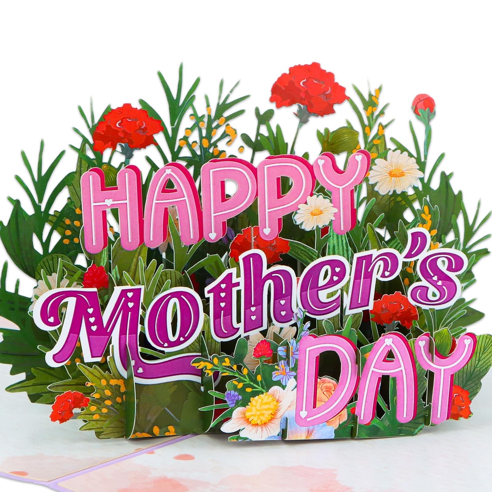 FaCraft 3D Pop Up Mothers Day Card - Handmade Red Carnations & Daisies Flower Greeting Card with White Pearlescent Envelope, Blank Insert, Seal, for Best Mom, Wife, Grandma, Daughter